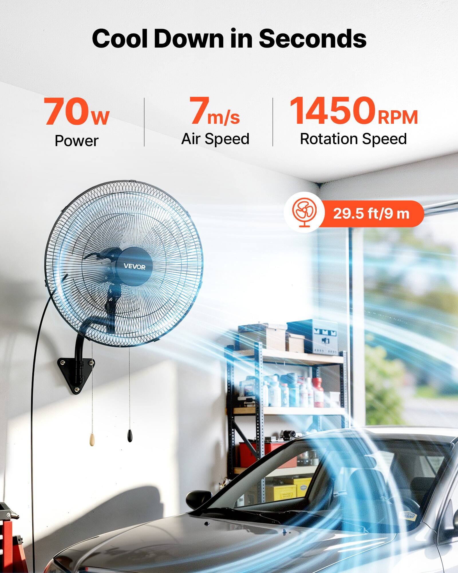 Cool Down in Seconds  
70w Power  
7 m/s Air Speed  
1450 RPM Rotation Speed  
29.5 ft/9 m  
VEVOR