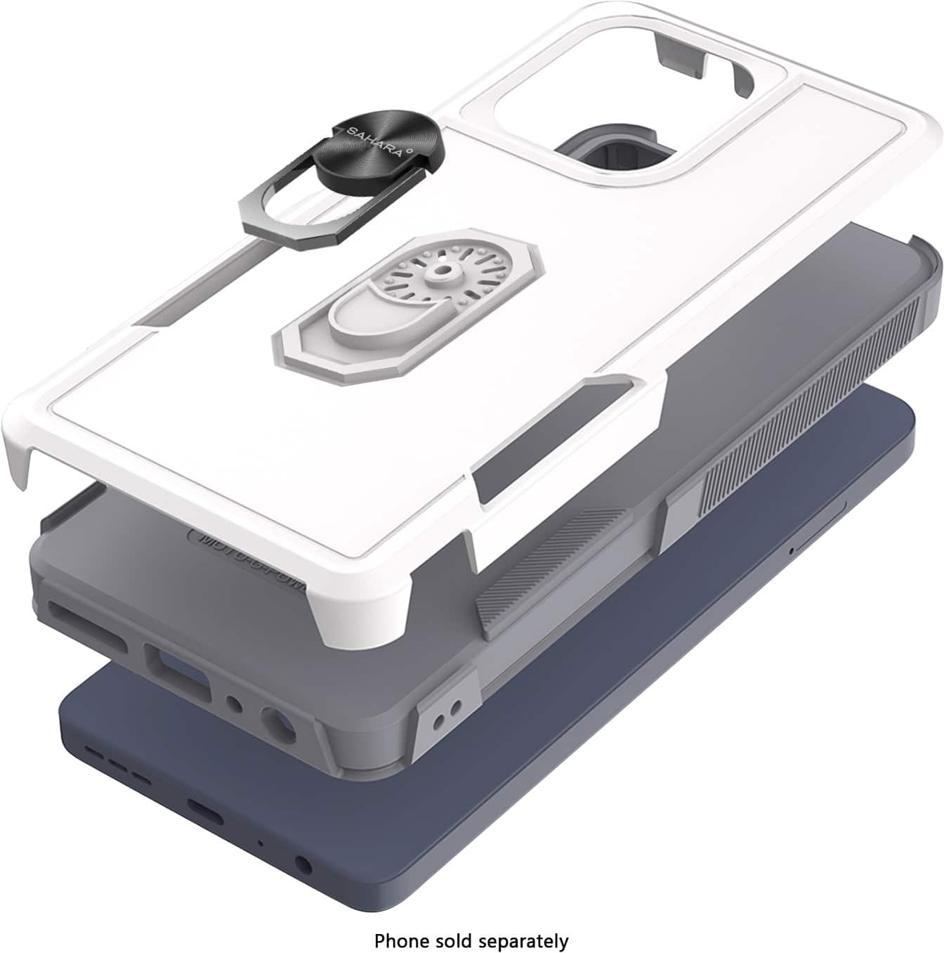 The image features a white and gray cell phone case with a clip on top. The case is designed to hold a phone securely, and the clip can be used to attach the phone to a belt loop or other surfaces. The case is available for purchase separately, and the phone itself is not included in the package.