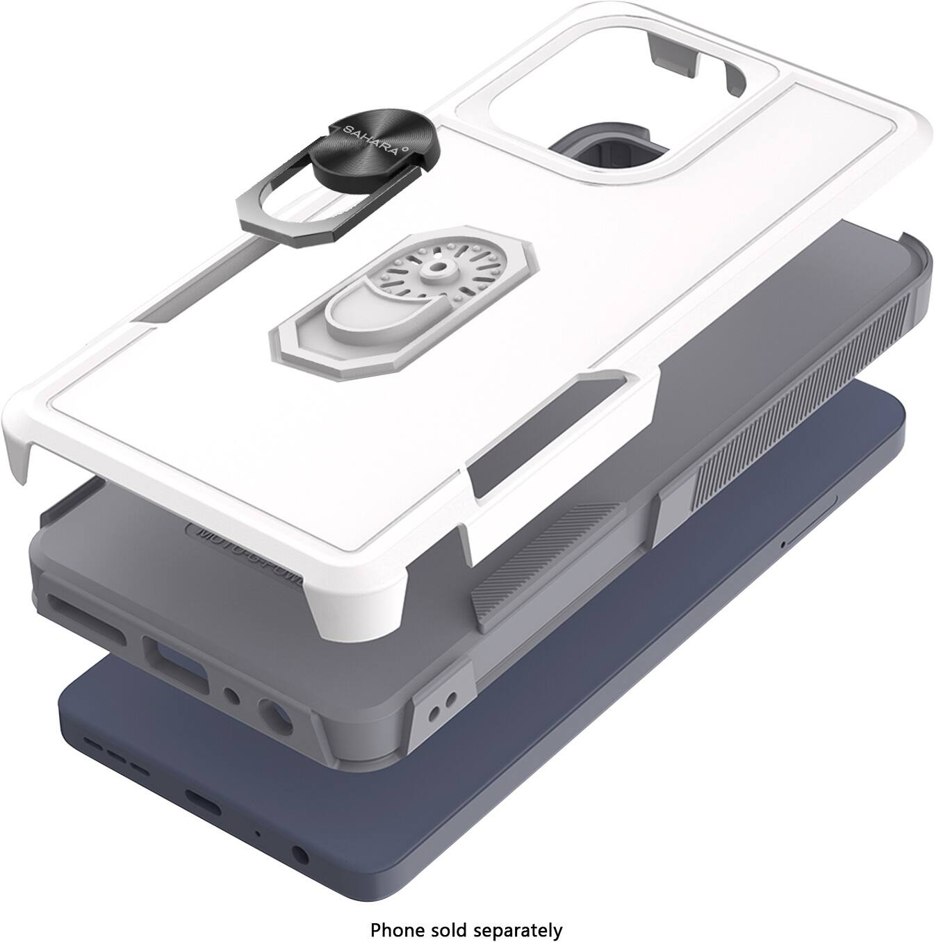 The image features a white and gray cell phone case with a clip on top. The case is designed to hold a phone securely, and the clip can be used to attach the phone to a belt loop or other surfaces. The case is available for purchase separately, and the phone itself is not included in the package.
