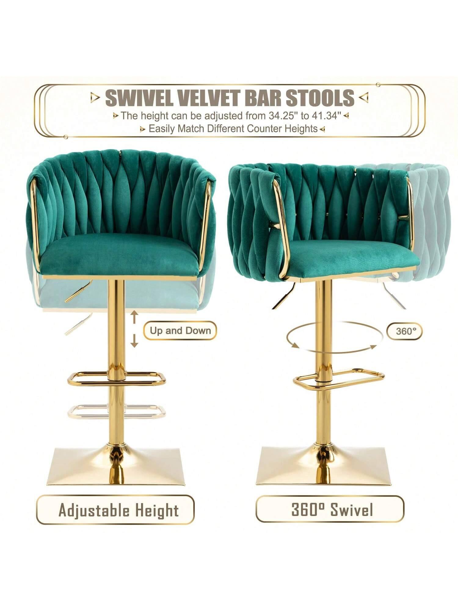 SWIVEL VELVET BAR STOOLS

- The height can be adjusted from 34.25" to 41.34"
- Easily Match Different Counter Heights

Adjustable Height
Up and Down

360° Swivel
360°