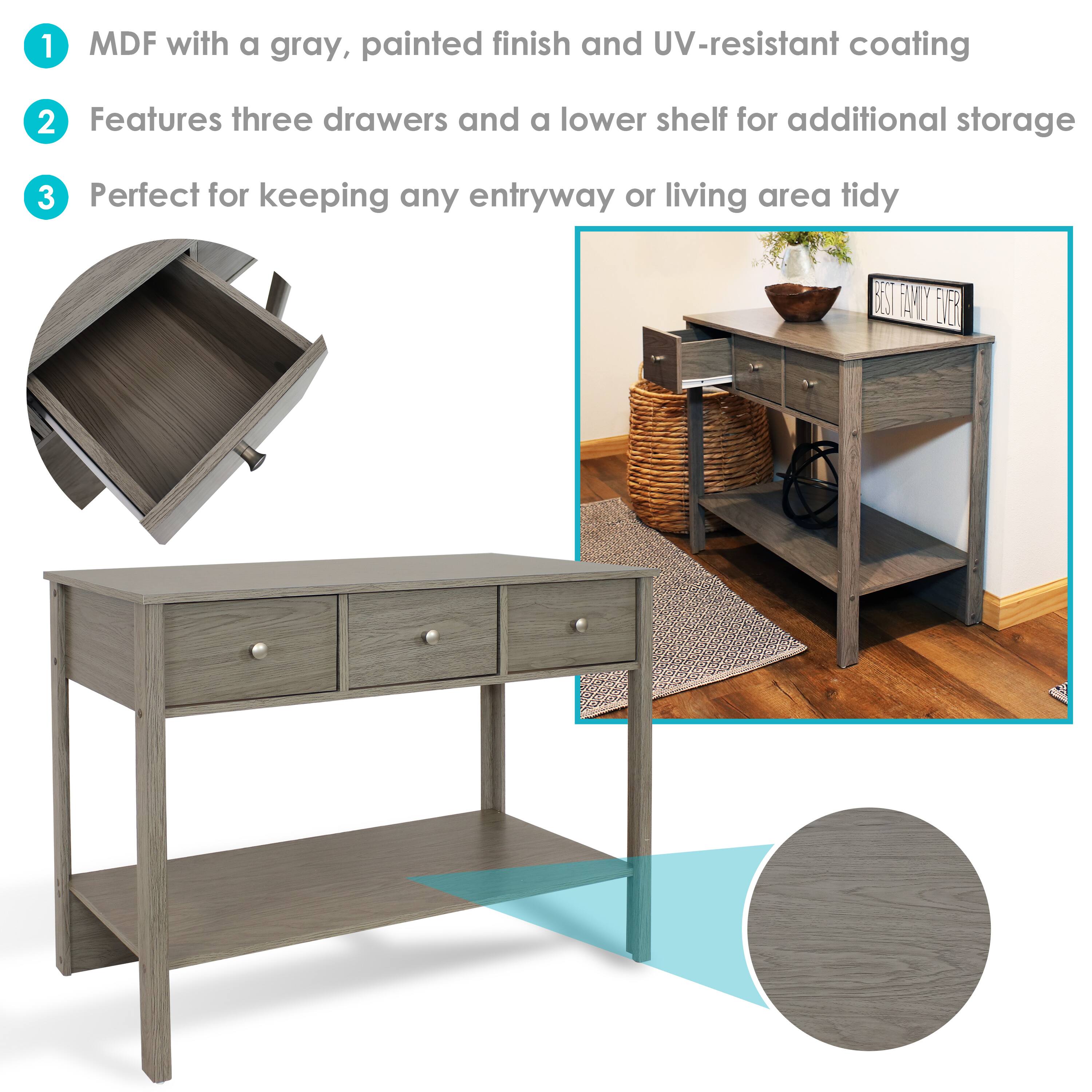 1. MDF with a gray, painted finish and UV-resistant coating  
2. Features three drawers and a lower shelf for additional storage  
3. Perfect for keeping any entryway or living area tidy