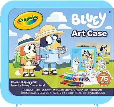 Crayola 5+ Bluey Art Case
Color & Display your favorite Bluey Characters!
Over 75 pieces!
24 Crayons
10 Fine Line Markers
10 Broad Line Markers
16 Coloring Pages
10 Blank Pages
3 Character Stands
2 Sticker Sheets
Poster, 12 in x 18 in (30.4 cm x 45.7 cm)
Reusable Plastic Case