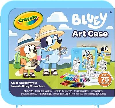 Crayola 5+ Bluey Art Case  
Color & Display your favorite Bluey Characters!  
Over 75 pieces!  
24 Crayons  
10 Fine Line Markers  
10 Broad Line Markers  
16 Coloring Pages  
10 Blank Pages  
3 Character Stands  
2 Sticker Sheets  
Poster, 12 in x 18 in (30.4 cm x 45.7 cm)  
Reusable Plastic Case