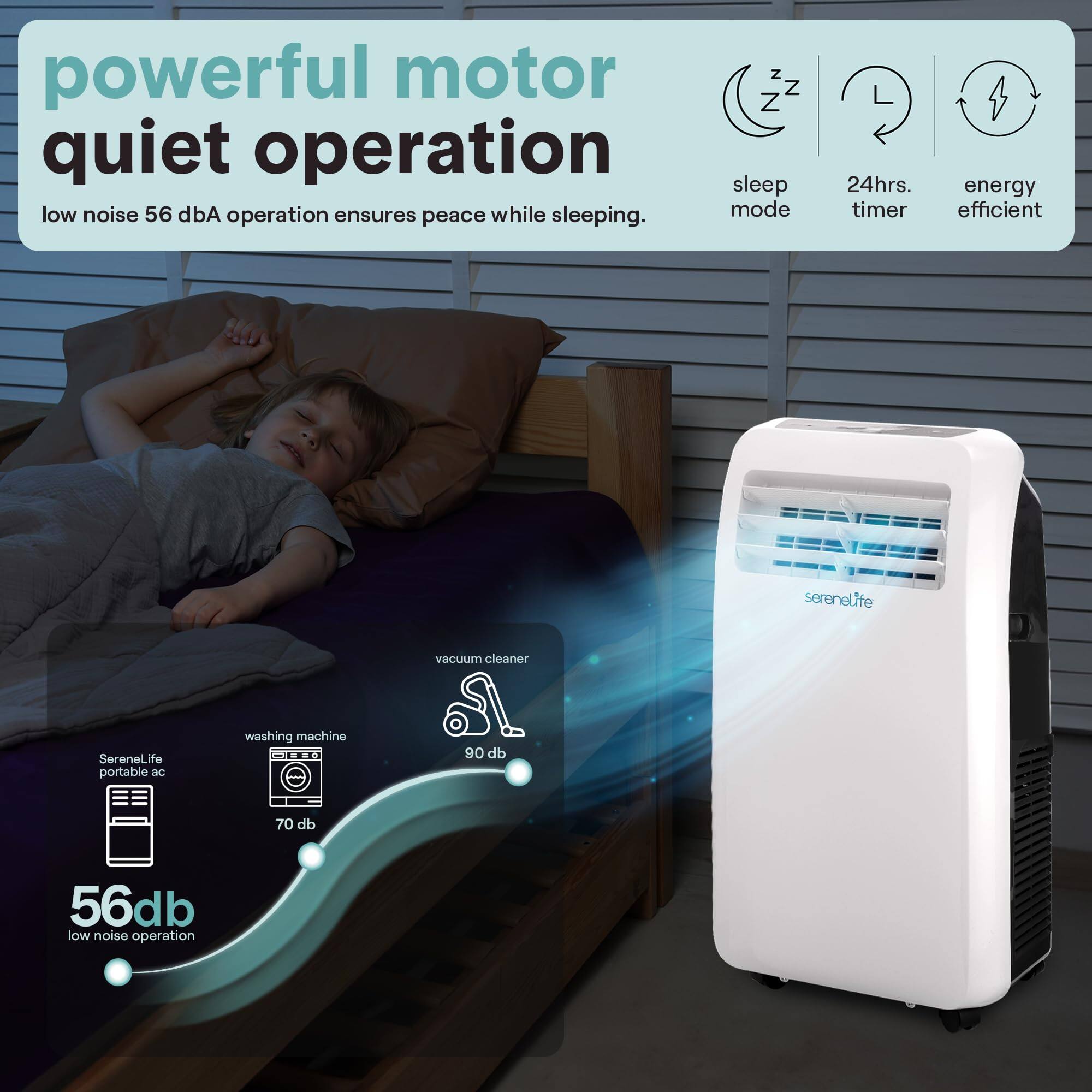 powerful motor  
quiet operation  
low noise 56 dB operation ensures peace while sleeping.  

sleep mode  
24hrs. timer  
energy efficient  

SereneLife portable DC washing machine  
vacuum cleaner  
washing machine  

56 dB  
low noise operation  

90 dB  
70 dB