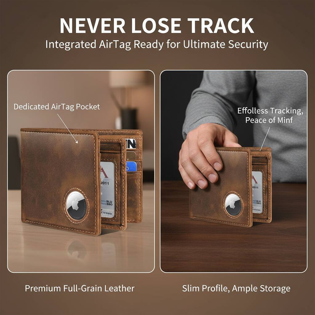 NEVER LOSE TRACK  
Integrated AirTag Ready for Ultimate Security  

Dedicated AirTag Pocket  
Effortless Tracking, Peace of Mind  

Premium Full-Grain Leather  
Slim Profile, Ample Storage