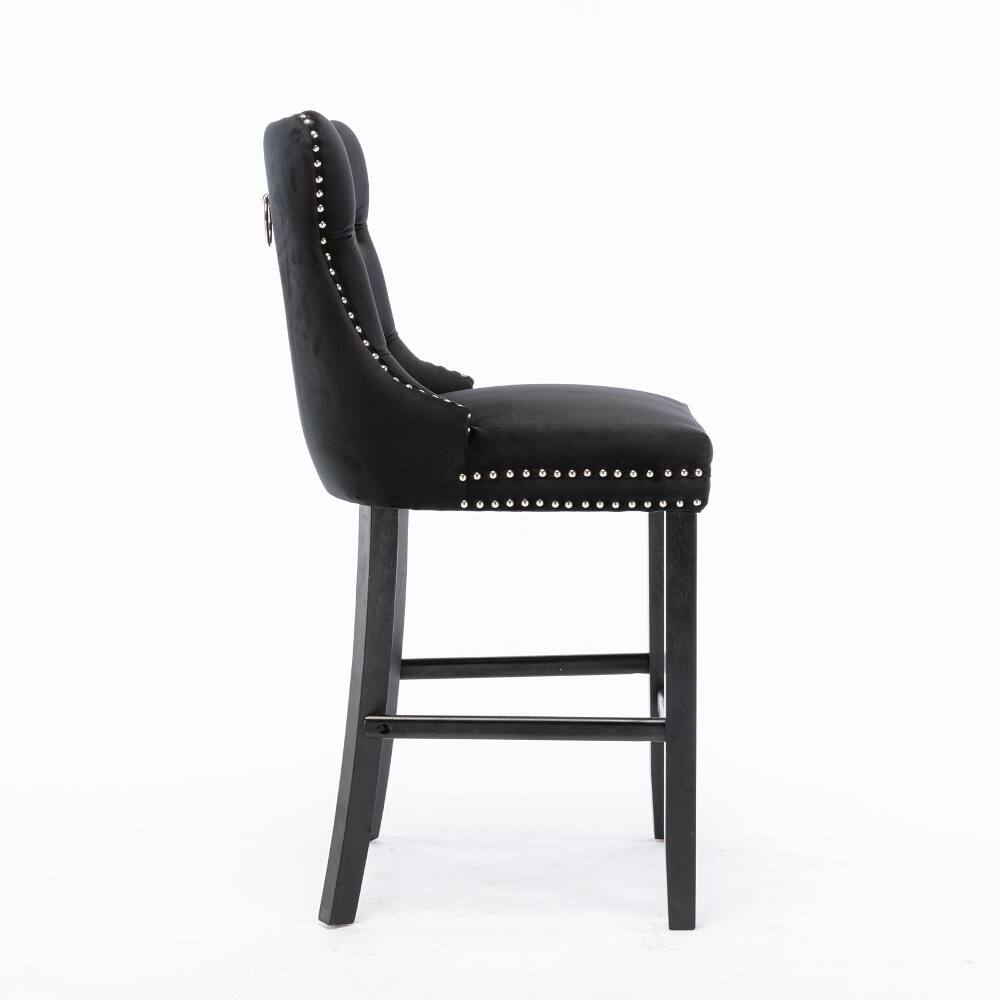 Back. Loheer - Loheer Black Velvet Barstools Set of 2 Button Tufted Bar Chairs - Black.