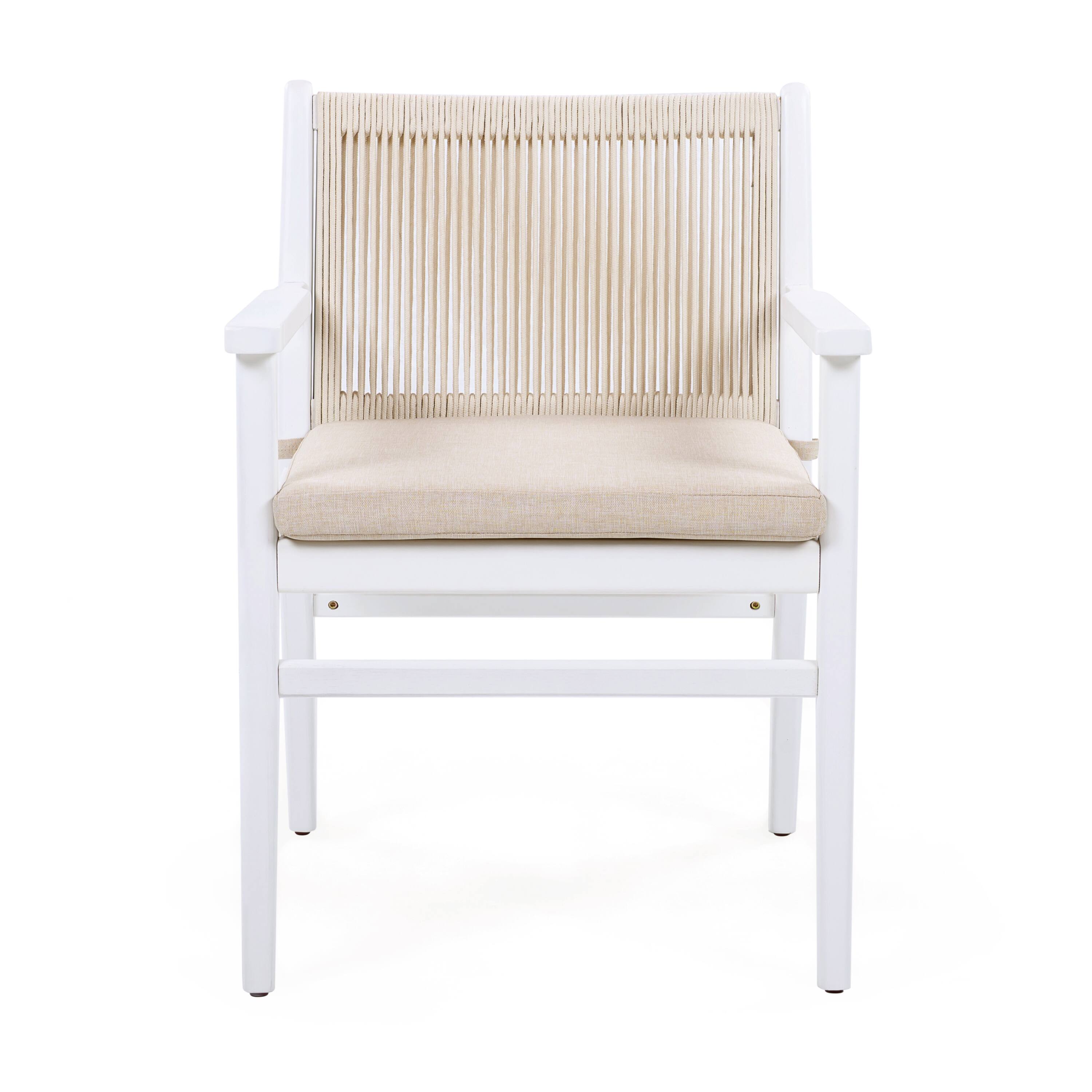 Left. Mondawe - Set of 2 Acacia Wood Patio Armchair with Rope Design Back and Water Repellent Cushion - Beige+White.