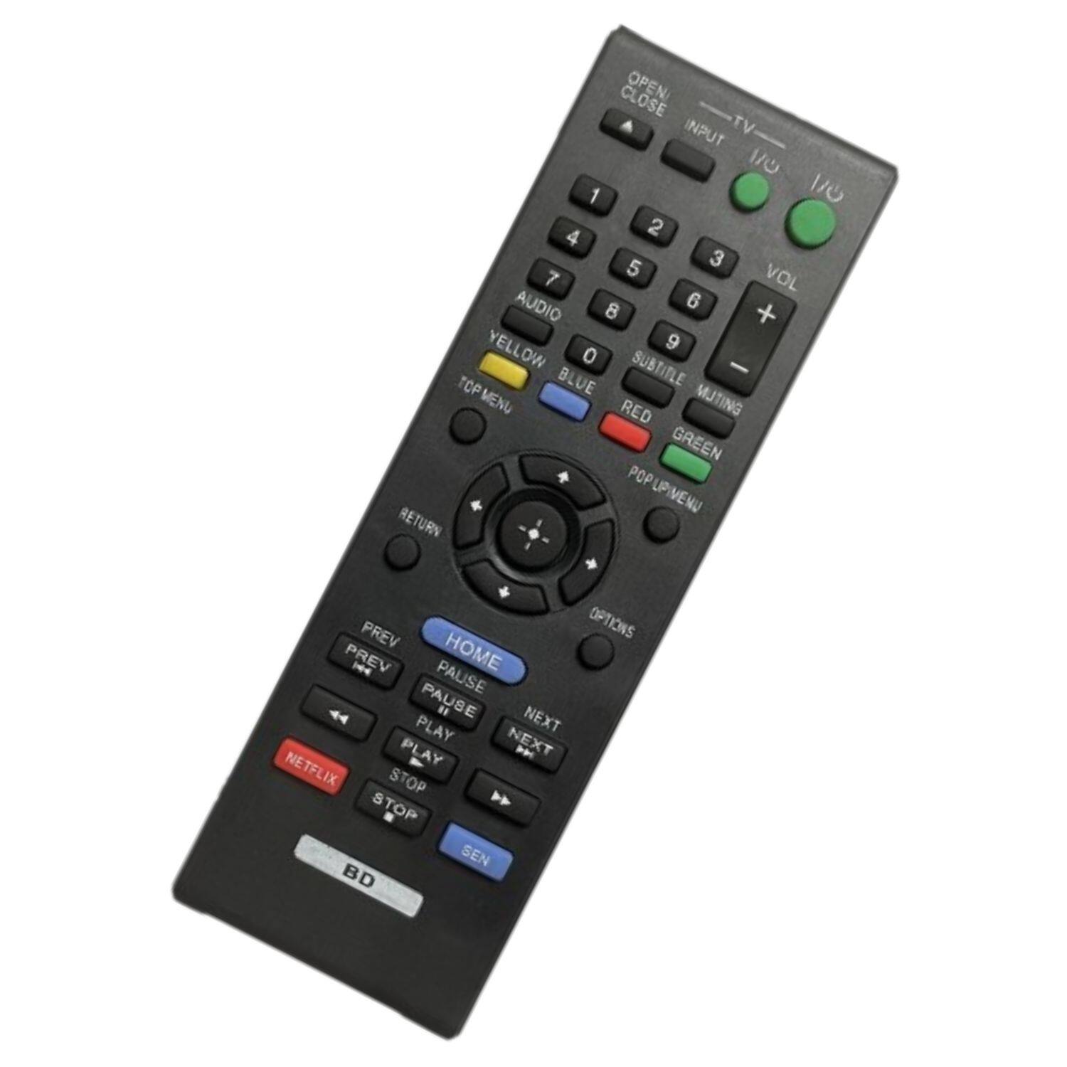 Sure, here is the corrected and grouped text from the image:

**Top Section:**
- OPEN CLOSE
- TV INPUT
- 1 2 3 4 5 6 7 8 9 0
- VOL + -
- AUDIO
- YELLOW TOP MENU
- BLUE
- SUBTITLE
- RED
- GREEN POP-UP VIEW
- MUTE

**Middle Section:**
- RETURN
- OPTIONS
- PREV
- HOME
- PAUSE
- NEXT
- PLAY
- STOP
- NETFLIX

**Bottom Section:**
- BD
- SEN