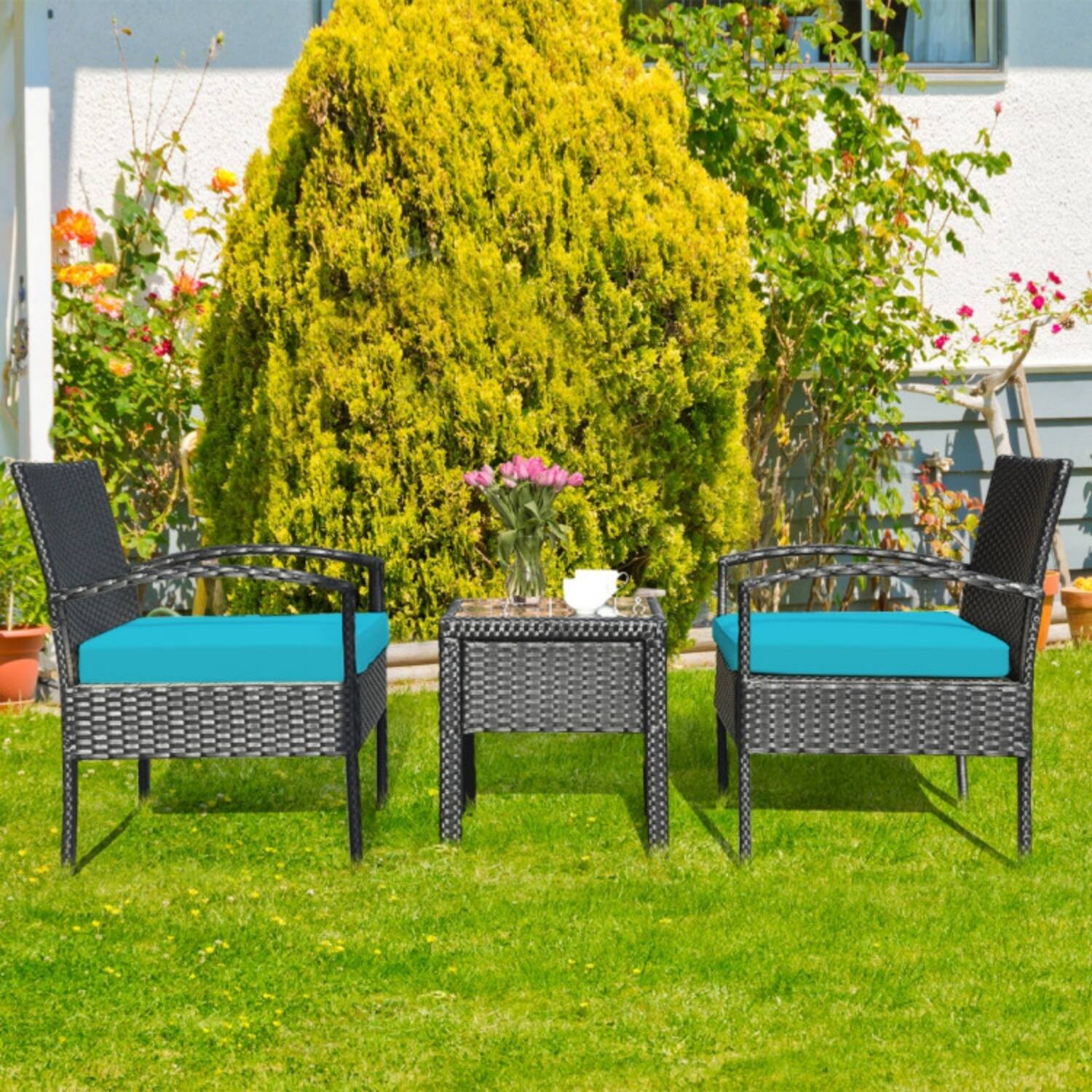 Alt View 2. Mondawe - 3-Piece Freestanding Rattan Patio Conversation Set with Cushions and Glass Table - Turquoise.