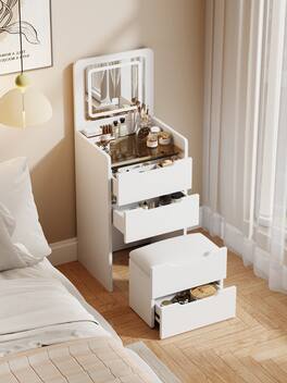 LUCKY ONE - 48cm 3-in-1 Vanity Desk with Flip Top Mirror, Glass Desktop, 3 Drawers and Stool - White