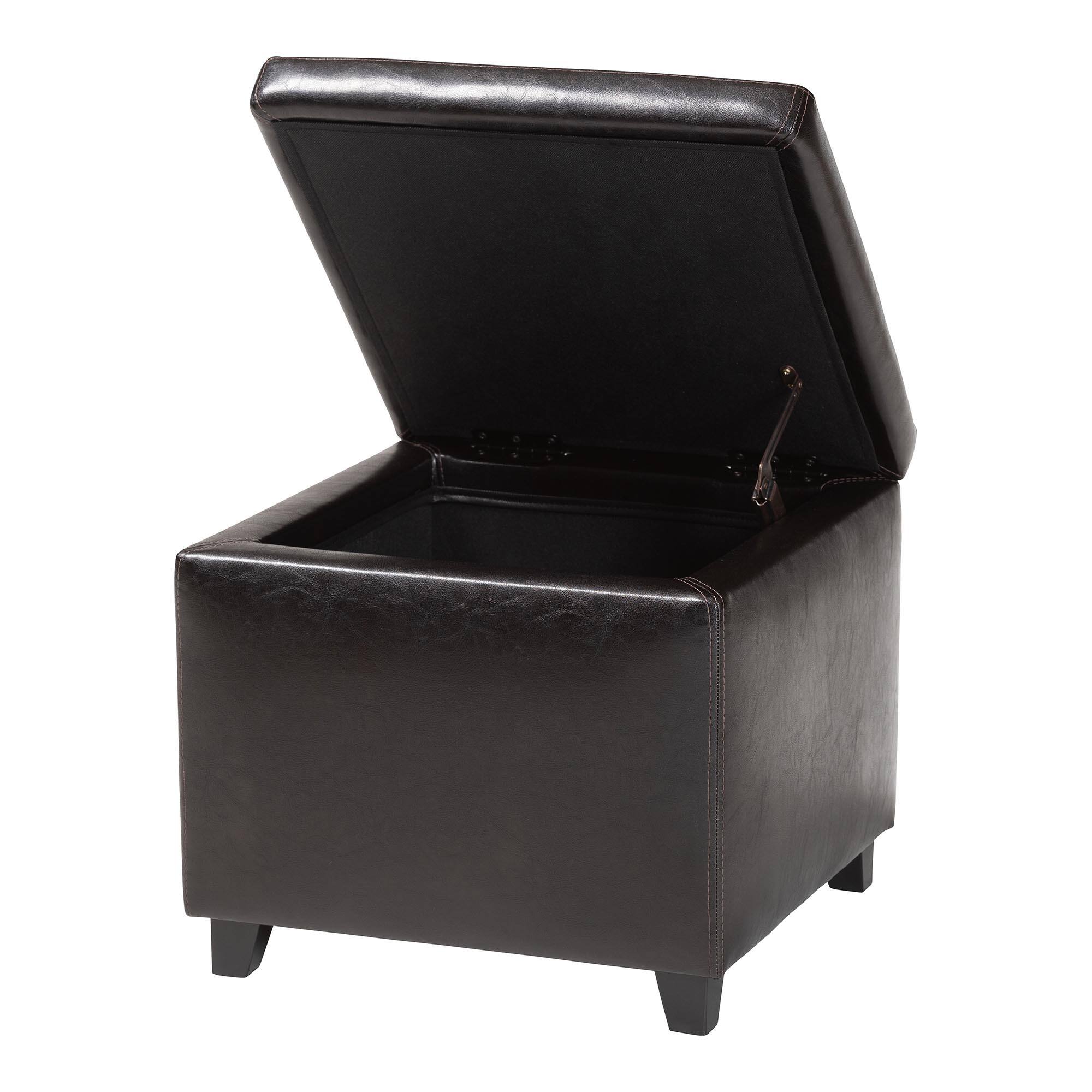 Angle. Baxton Studio - Full Leather Small Storage Cube Ottoman - Dark Brown.