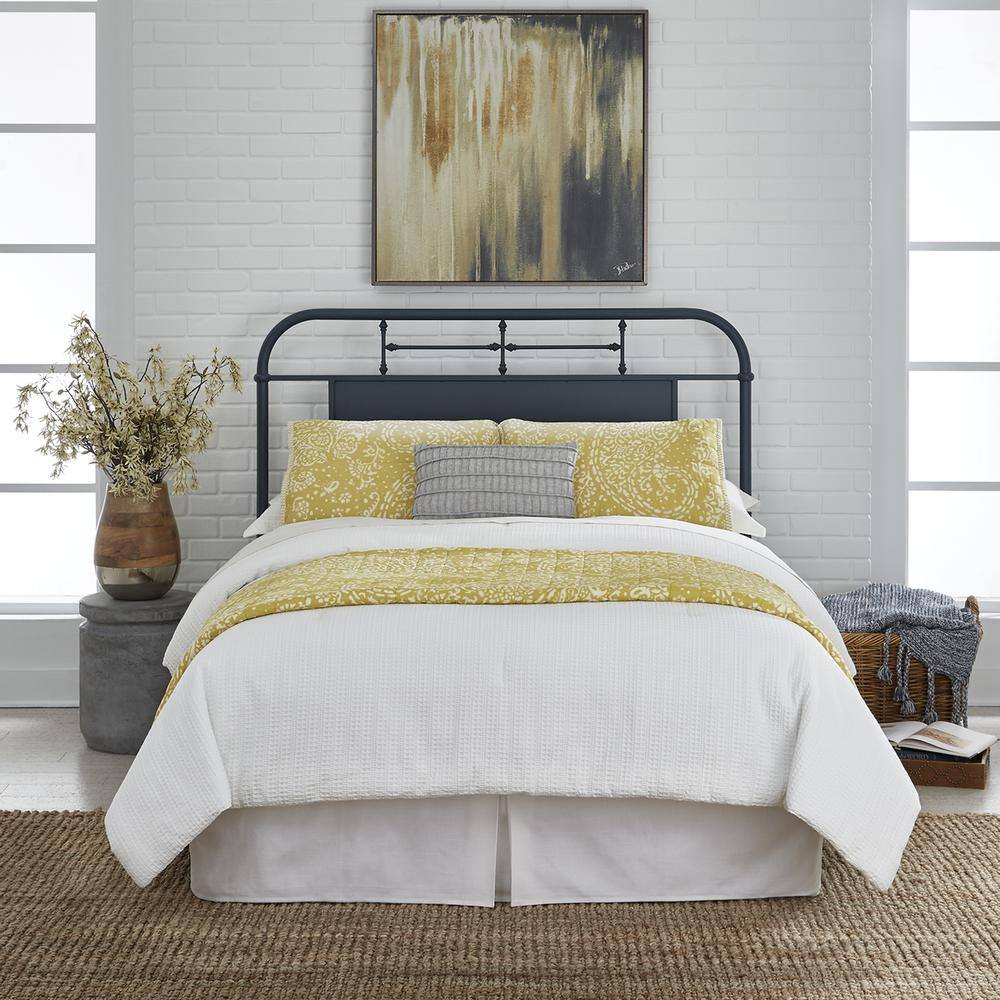 Left. Liberty Furniture Industries - Vintage Series Queen Metal Headboard - Navy in Distressed Metal - Blue.