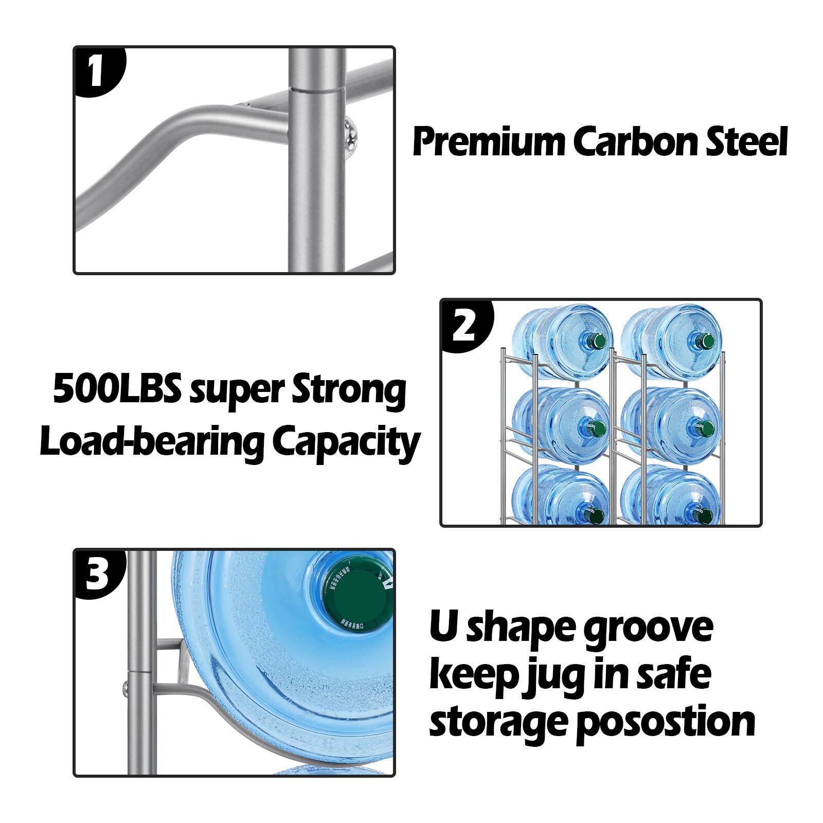 1. Premium Carbon Steel
2. 500LBS super Strong Load-bearing Capacity
3. U shape groove keep jug in safe storage position