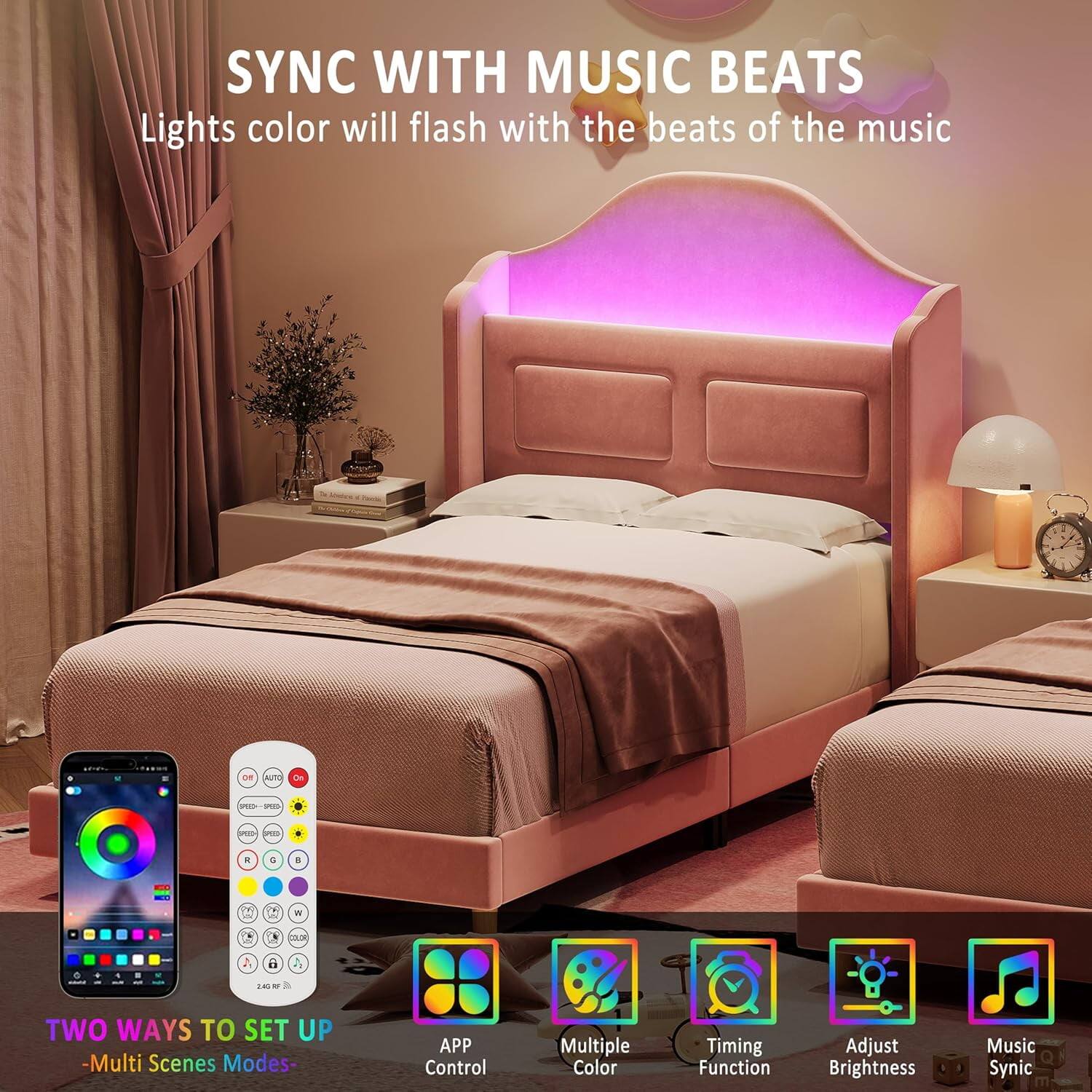 SYNC WITH MUSIC BEATS  
Lights color will flash with the beats of the music  

TWO WAYS TO SET UP  
- Multi Scenes Modes -  
APP Control  

Multiple Color  
Timing Function  
Adjust Brightness  
Music Sync