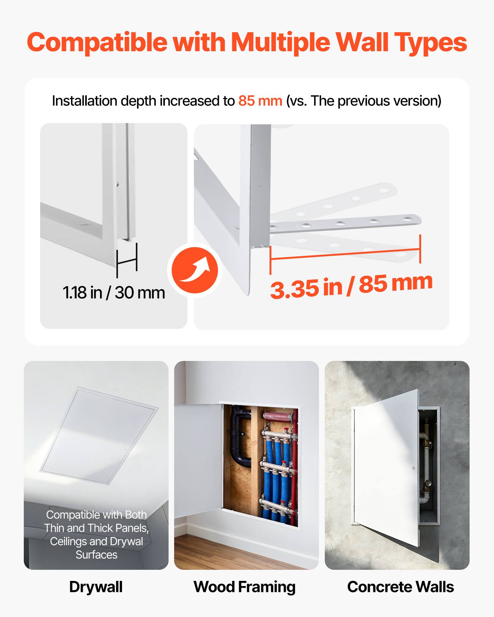 Compatible with Multiple Wall Types

Installation depth increased to 85 mm (vs. The previous version)

1.18 in / 30 mm

3.35 in / 85 mm

Compatible with Both Thin and Thick Panels, Ceilings and Drywall Surfaces

Drywall

Wood Framing

Concrete Walls