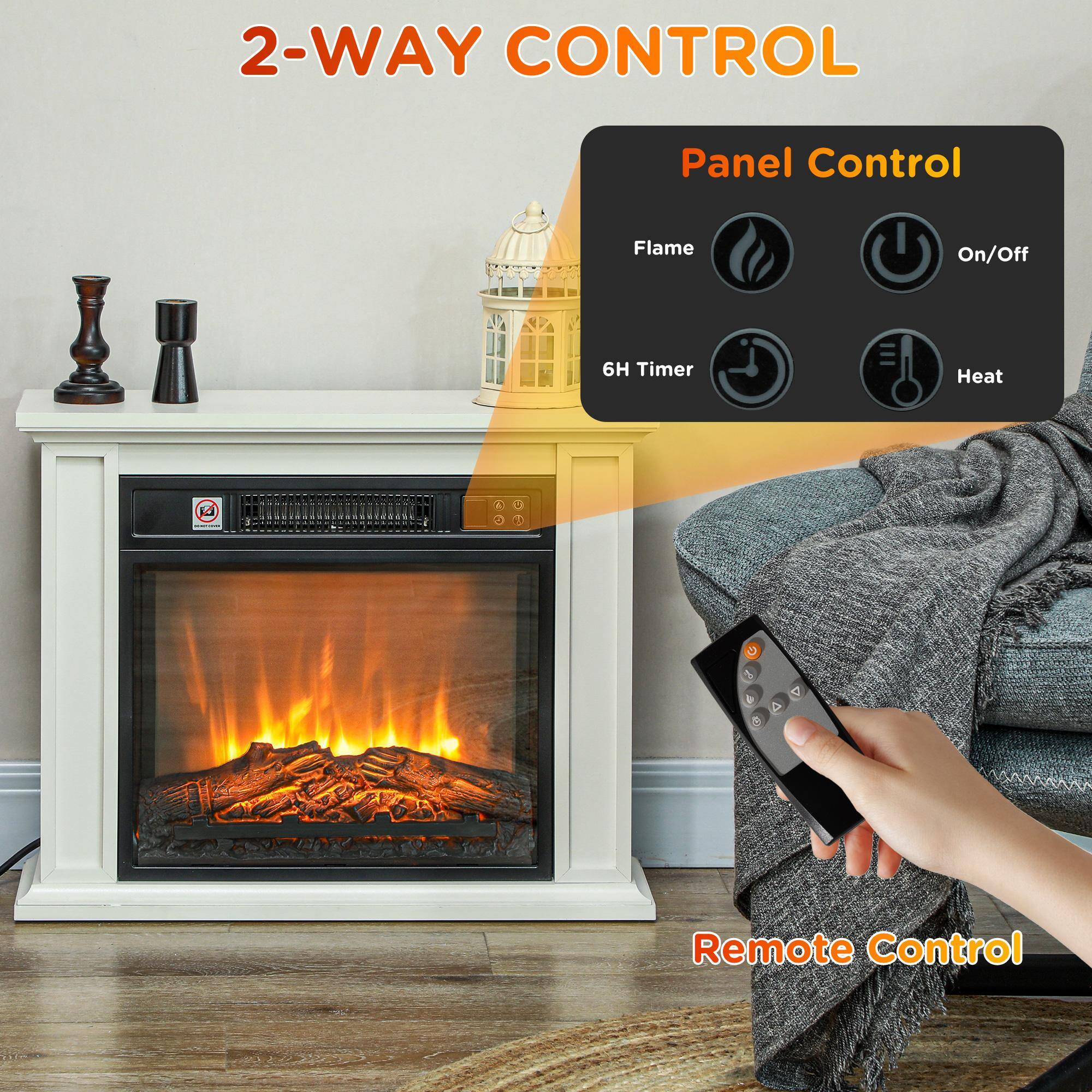2-WAY CONTROL

Panel Control
- Flame
- On/Off
- 6H Timer
- Heat

Remote Control