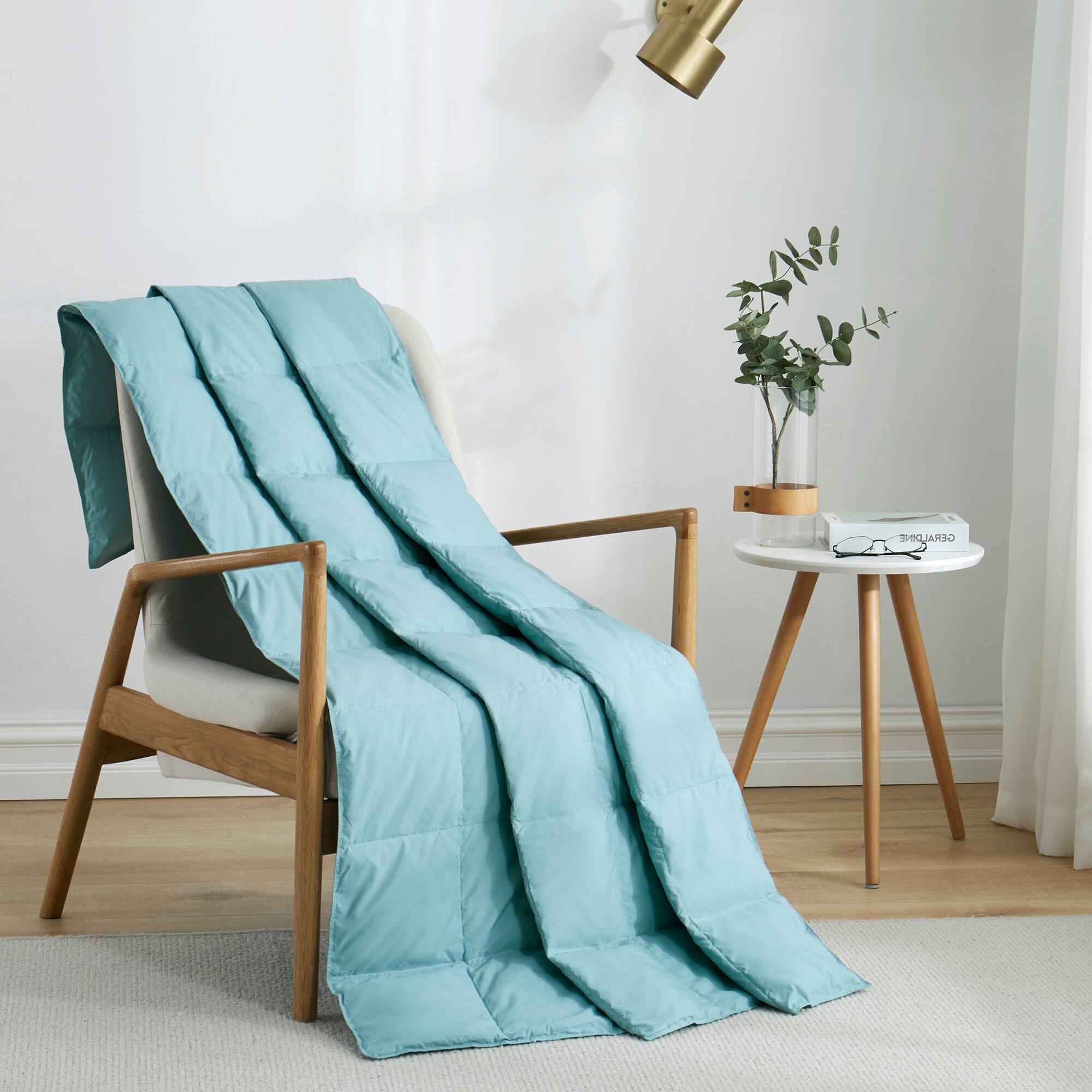 Angle. Peace Nest - Peace Nest Lightweight Feather Down Throw Blanket, Light Blue - Light Blue.