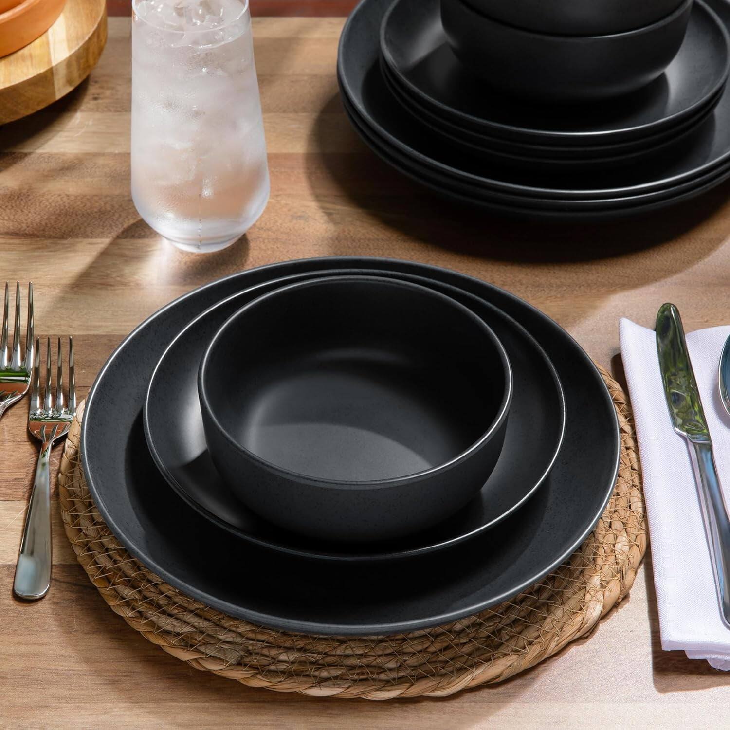 Alt View 1. Larder & Vine - 12-Piece Casa Modern Dinnerware Set for 4, Made from 100% BPA-Free Melamine - Black Stone.