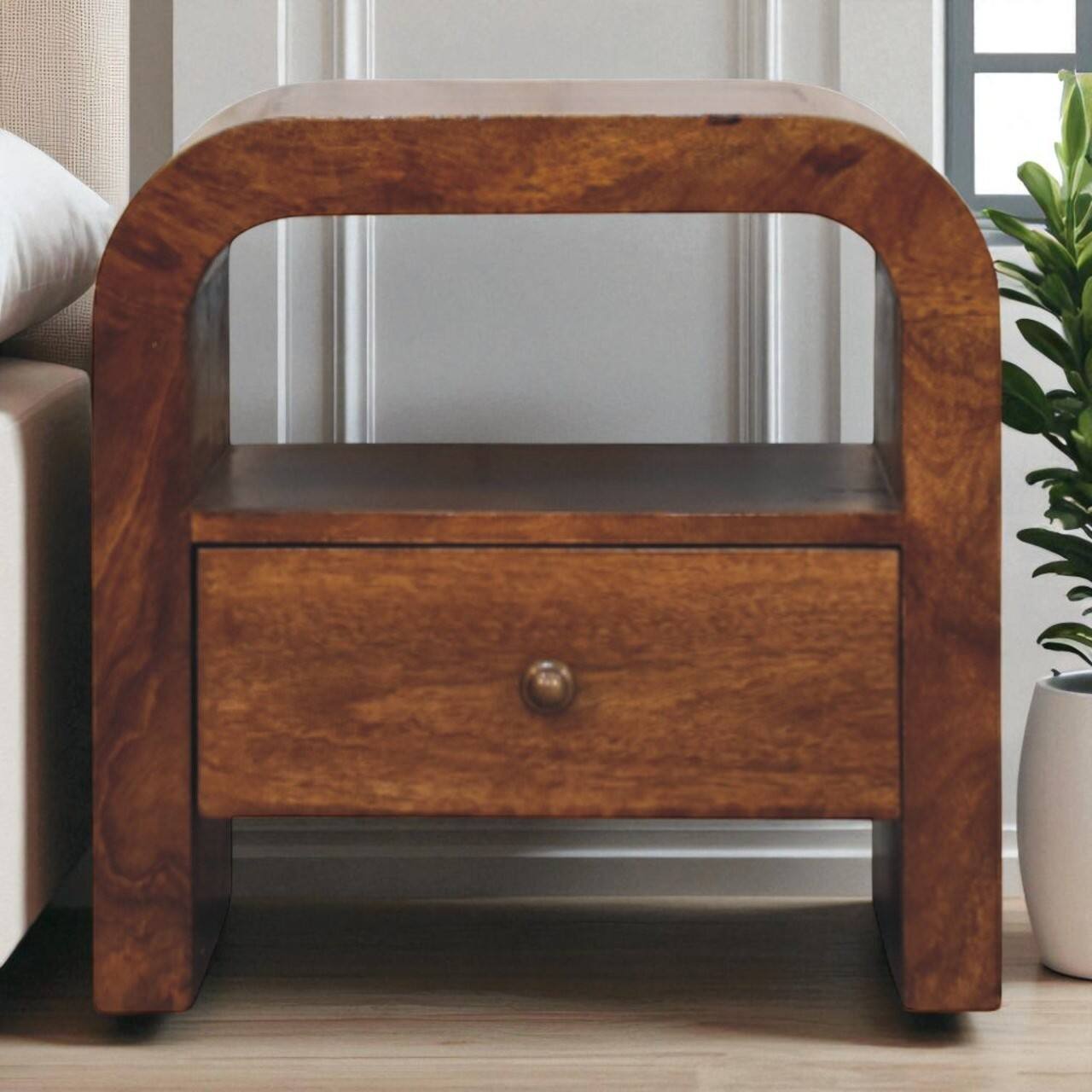 Angle. Artisan Furniture - Artisan Furniture Solid Wood Darcy Chestnut Nightstand with Drawer and open shelf, Brown - brown.
