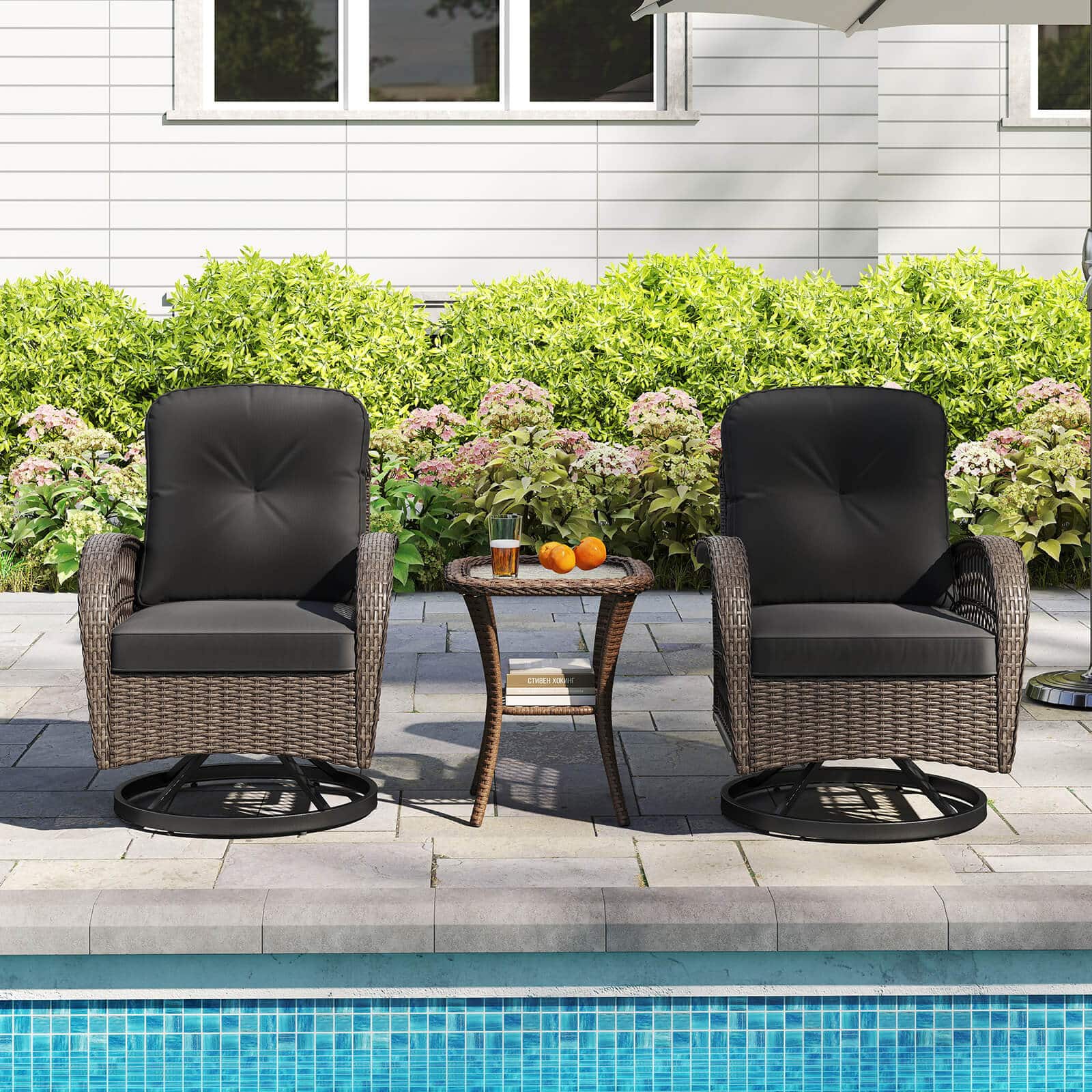 Costway - 3 PCS Patio Swivel Rocker Set Gliding Bistro Furniture Set with Tempered Glass Table - Mix Brown + Black