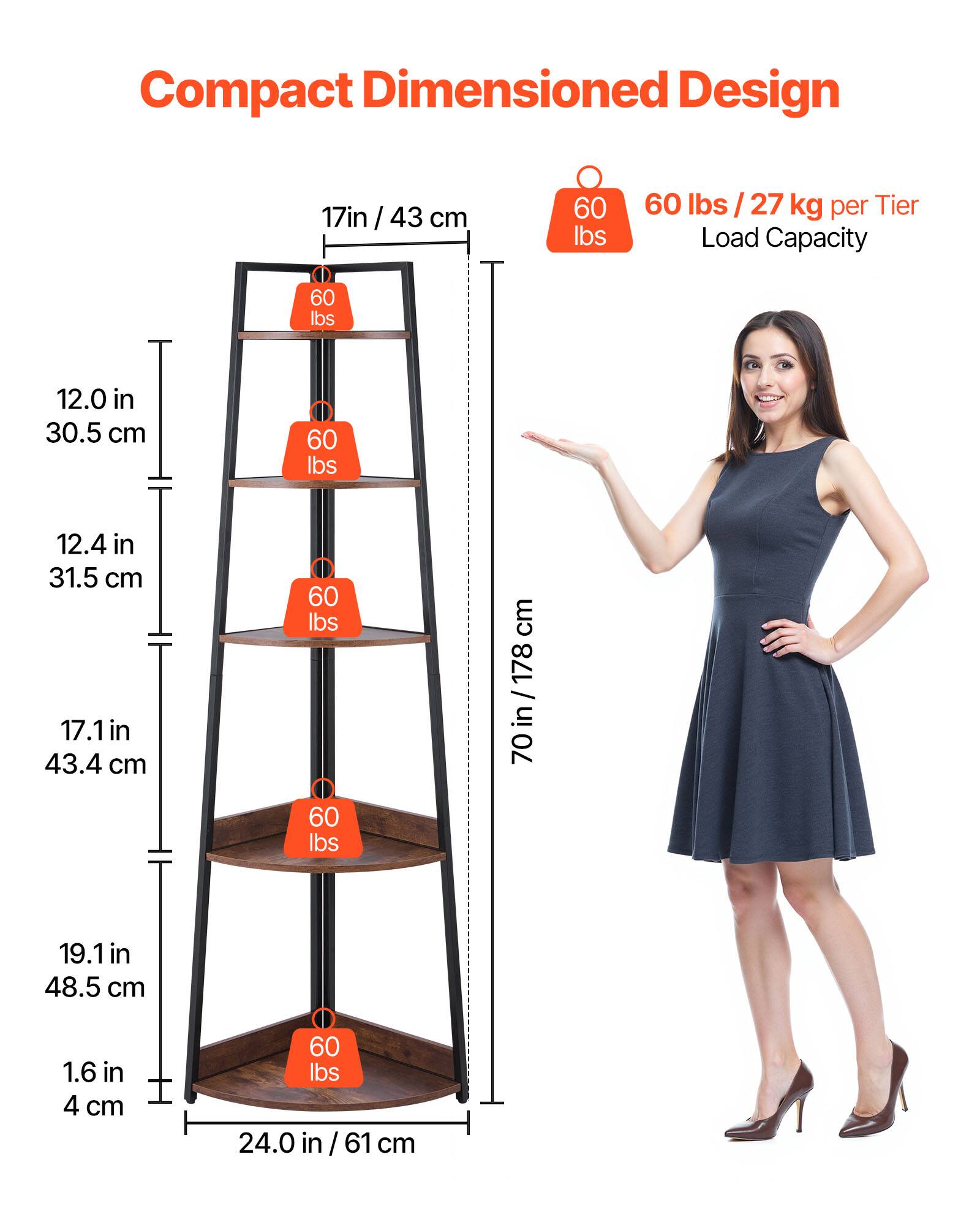 Compact Dimensioned Design

- Height: 70 in / 178 cm
- Width: 17 in / 43 cm
- Depth: 19.1 in / 48.5 cm
- Shelf Dimensions:
  - Top Shelf: 12.0 in / 30.5 cm
  - Second Shelf: 12.4 in / 31.5 cm
  - Third Shelf: 17.1 in / 43.4 cm
  - Bottom Shelf: 24.0 in / 61 cm
- Load Capacity: 60 lbs / 27 kg per Tier