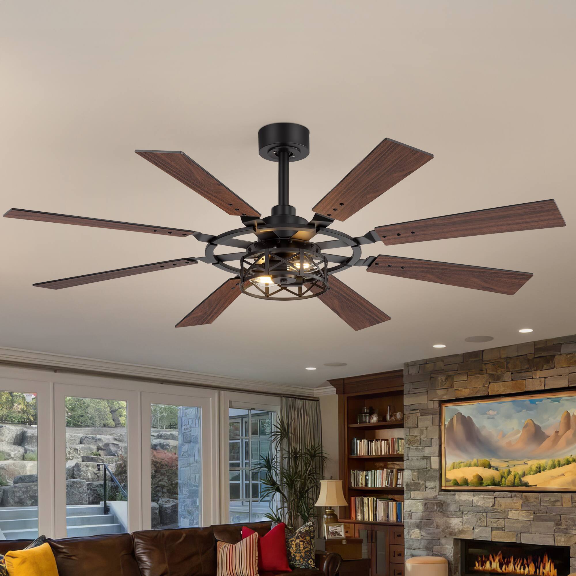 Alt View 1. Breezary - 52'' Indoor Ceiling Fan with Light and Remote , 8 Reversible Blades, Timer, 6-Speed DC Motor, 4″& 8″ Downrod - Matte Black.