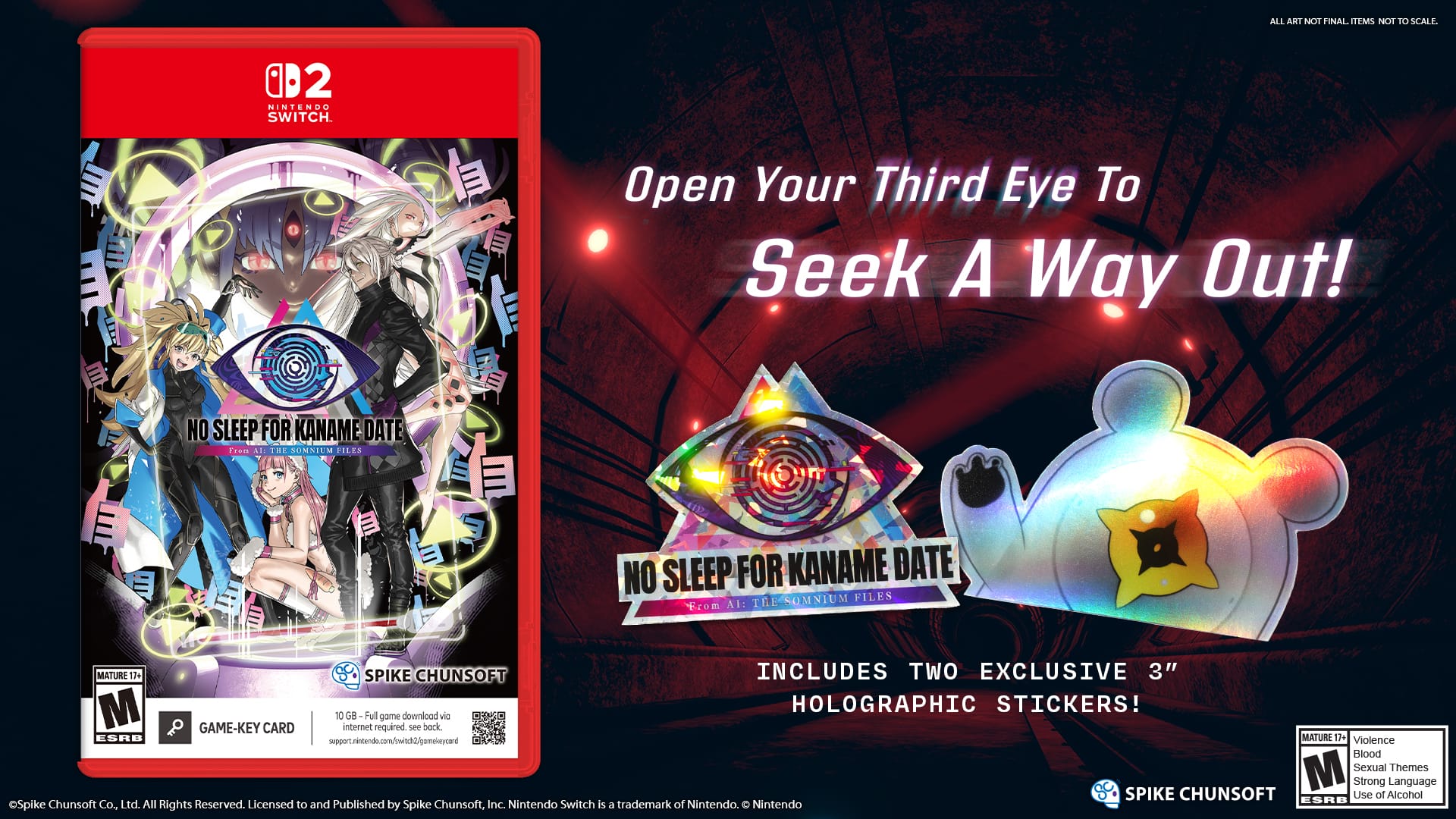 The text on the image reads:
"Open Your Third Eye To Seek A Way Out!
NO SLEEP FOR KANAME DATE
From Spike Chunsoft
MATURE 17+
Violence, Blood, M Sexual Themes, Strong Language
Spike Chunsoft
ESRB Support.mii.com/switch/gamekeycard
Full game download via Game-Key Card
Internet required. See beck, ESRB.com for details.
Mature 17+ Violence, Blood, M Sexual Themes, Strong Language
Spike Chunsoft Co., Ltd. All Rights Reserved. Licensed to and Published by Spike Chunsoft, Inc.
Nintendo Switch is a trademark of Nintendo."