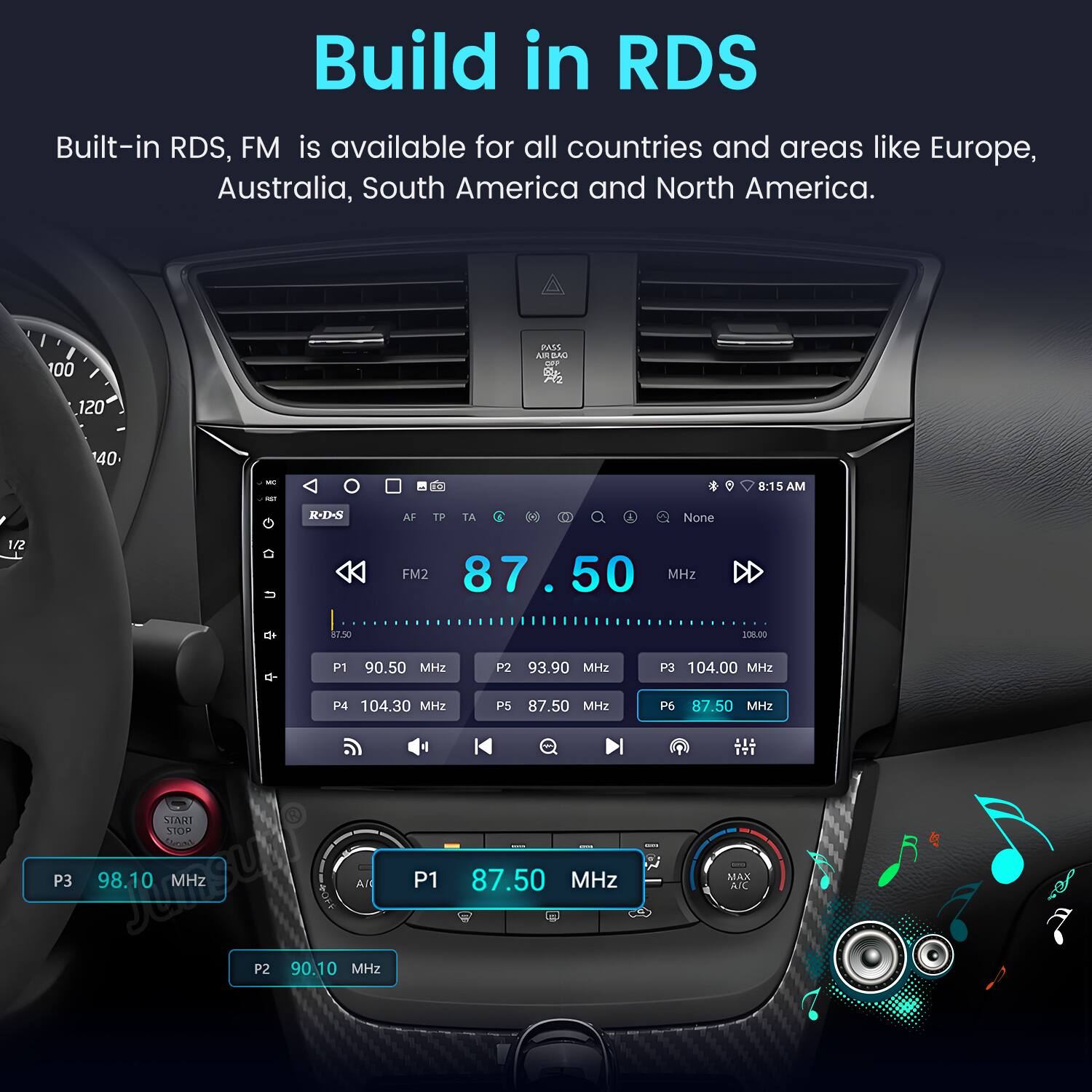 Build in RDS

Built-in RDS, FM is available for all countries and areas like Europe, Australia, South America and North America.