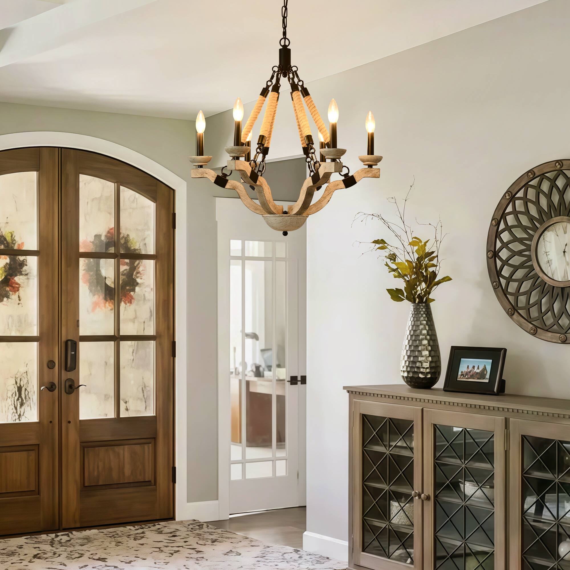 Alt View 1. RYHNUYNE - 24in Farmhouse Wood & Rope Chandelier - 6-Light Rustic Candle Pendant Light for Dining Room, Kitchen Island, Living Room.