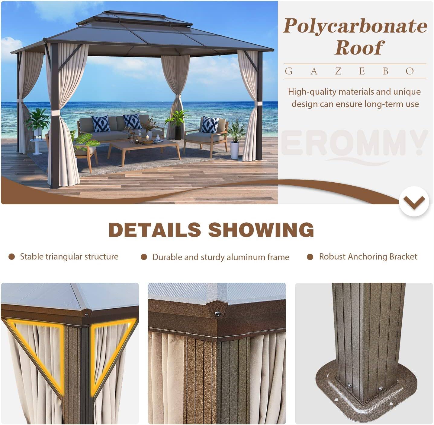 **Polycarbonate Roof Gazebo**

High-quality materials and unique design can ensure long-term use.

**DETAILS SHOWING**

- Stable triangular structure
- Durable and sturdy aluminum frame
- Robust Anchoring Bracket