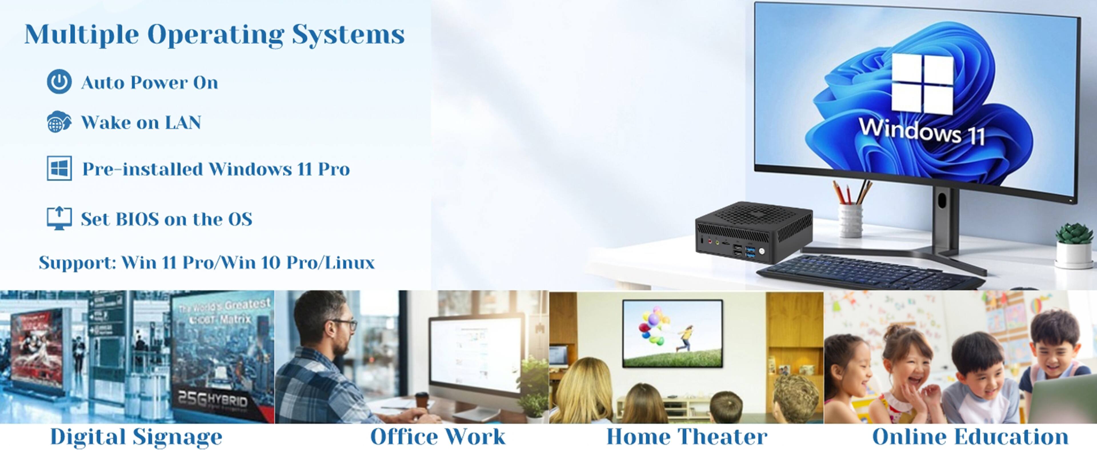 Multiple Operating Systems Auto Power On Wake on LAN Pre-installed Windows 11 Pro Windows 11 Set BIOS on the os Support: Win 11 Pro/Win 10 Pro/Linux m pWerds Greatest CC6T Matrix 25GHYBRID Digital Signage Office Work Home Theater Online Education