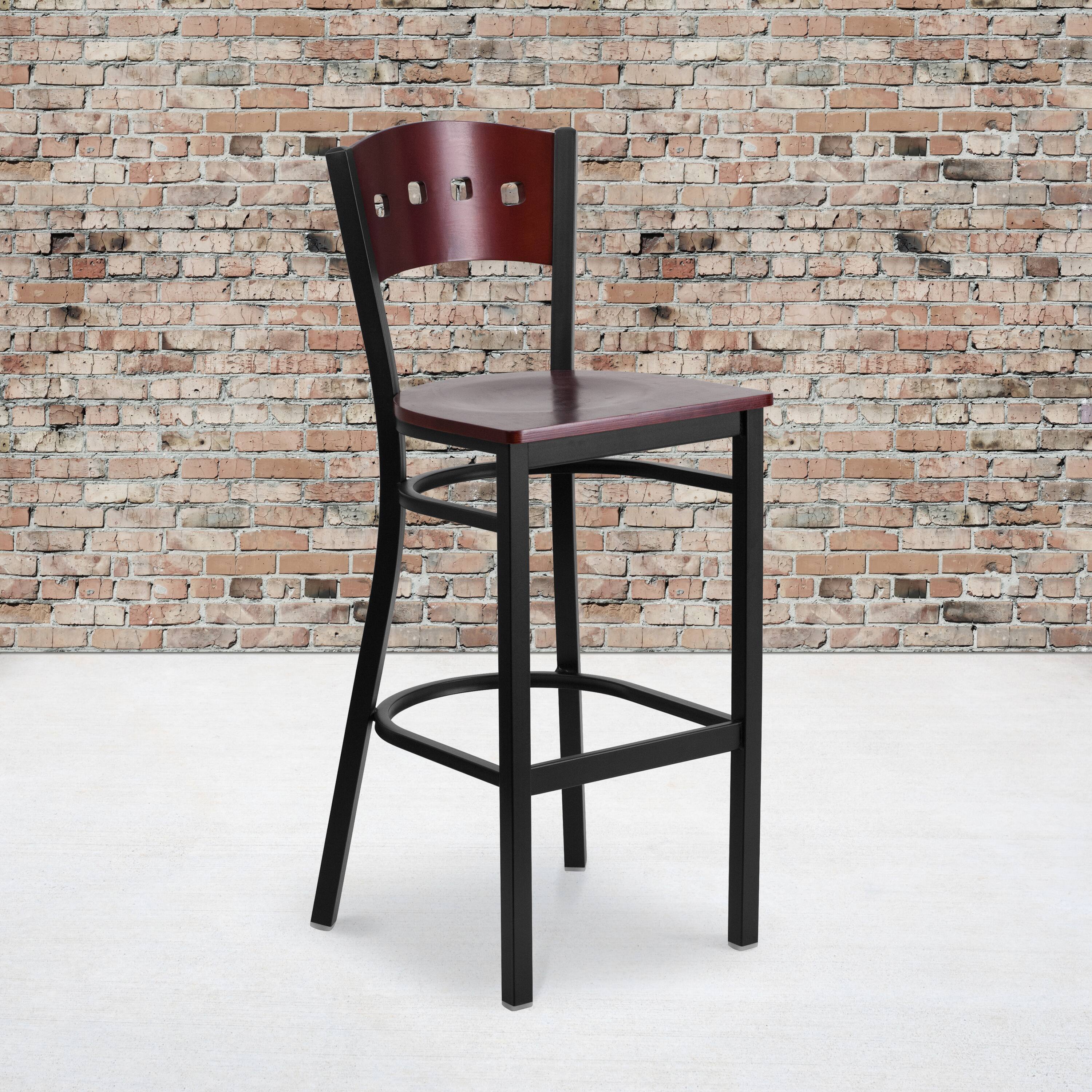 Alt View 1. Emma + Oliver - Decorative 4 Square Back Metal Restaurant Dining Barstool - Mahogany Wood Back/Mahogany Wood Seat/Black Metal.