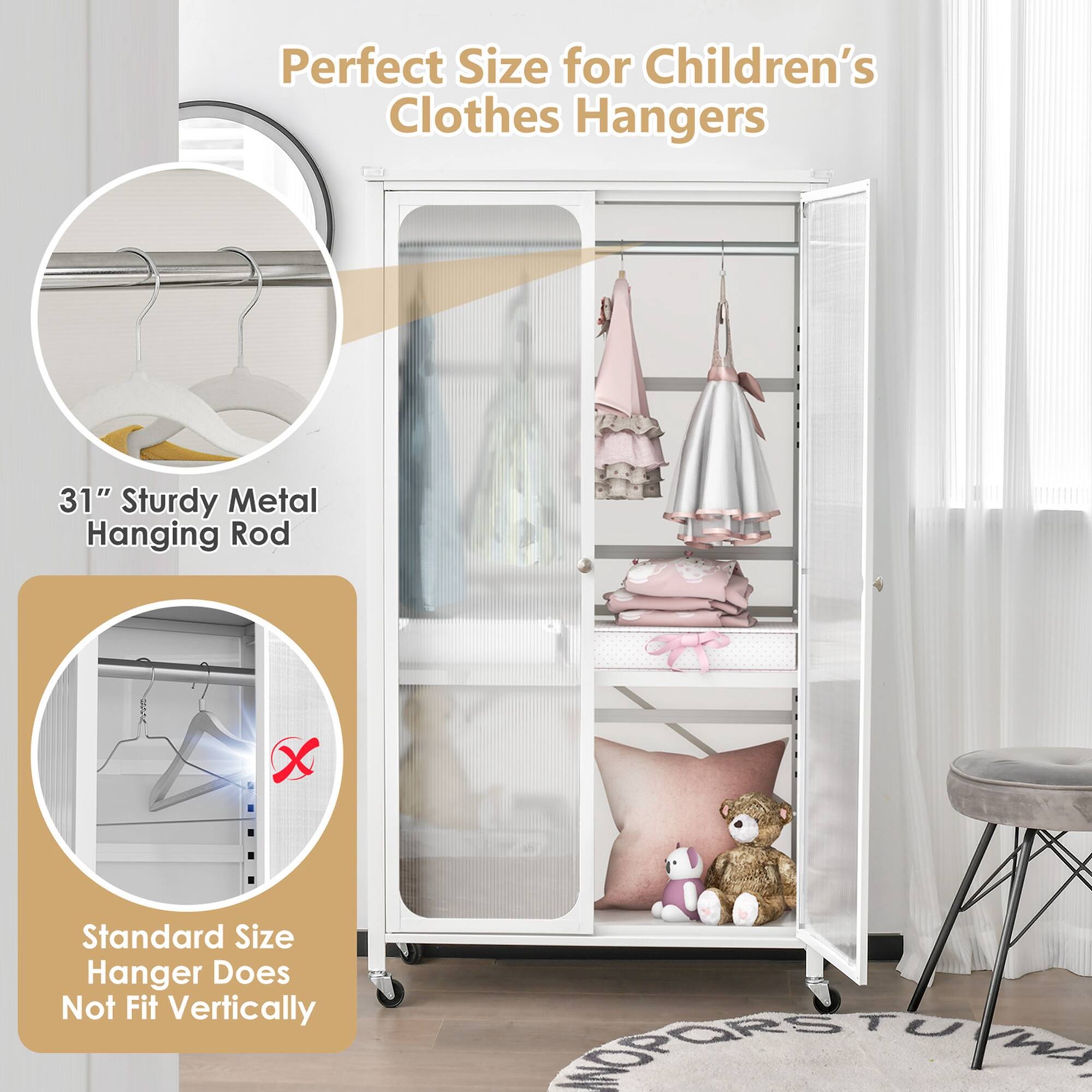 Perfect Size for Children's Clothes Hangers

31" Sturdy Metal Hanging Rod

Standard Size Hanger Does Not Fit Vertically