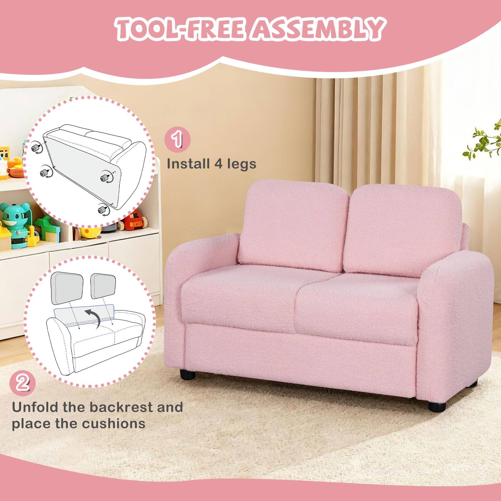 TOOL-FREE ASSEMBLY

1. Install 4 legs
2. Unfold the backrest and place the cushions