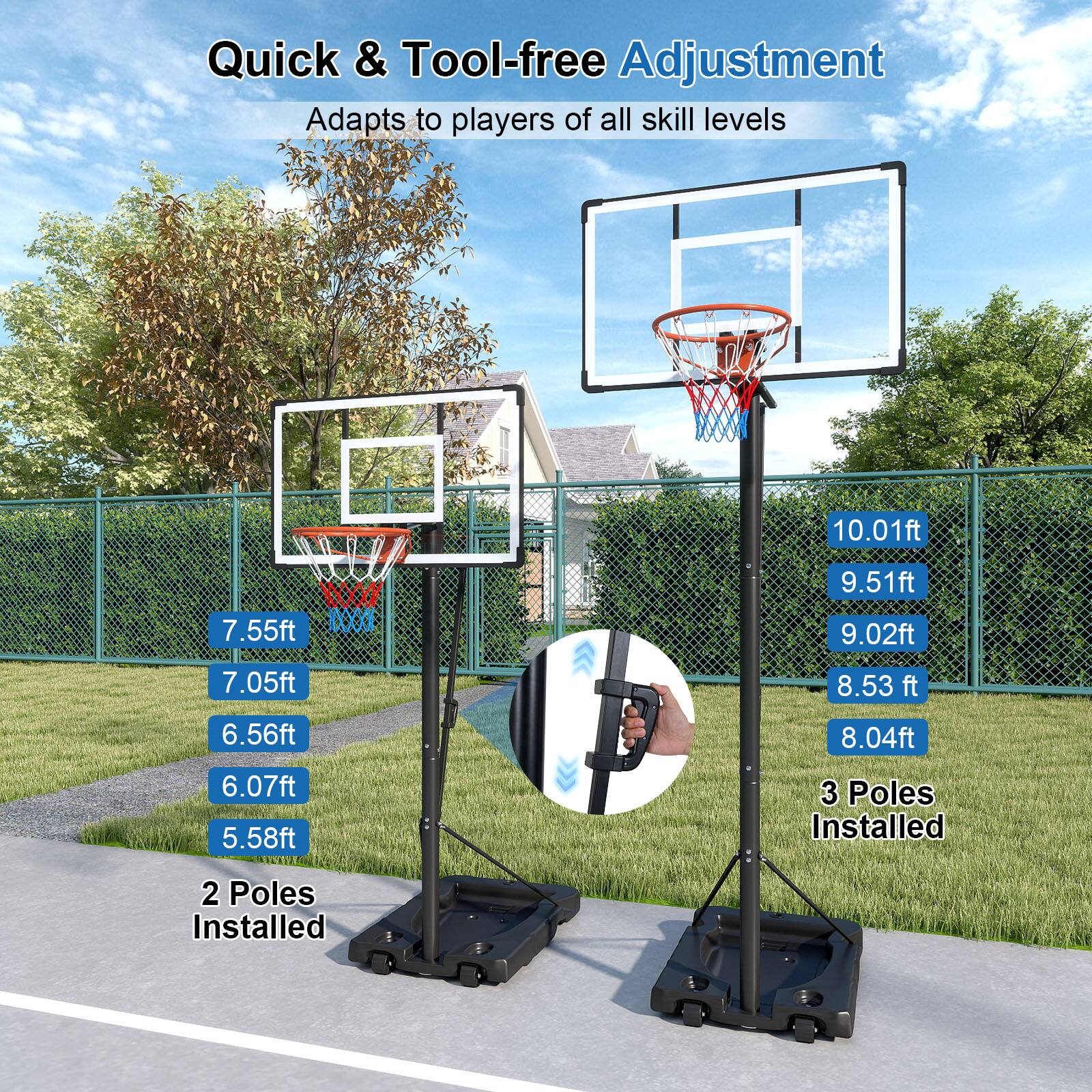 Quick & Tool-free Adjustment  
Adapts to players of all skill levels  

10.01ft  
9.51ft  
9.02ft  
8.53ft  
8.04ft  
7.55ft  
7.05ft  
6.56ft  
6.07ft  
5.58ft  

3 Poles Installed  
2 Poles Installed