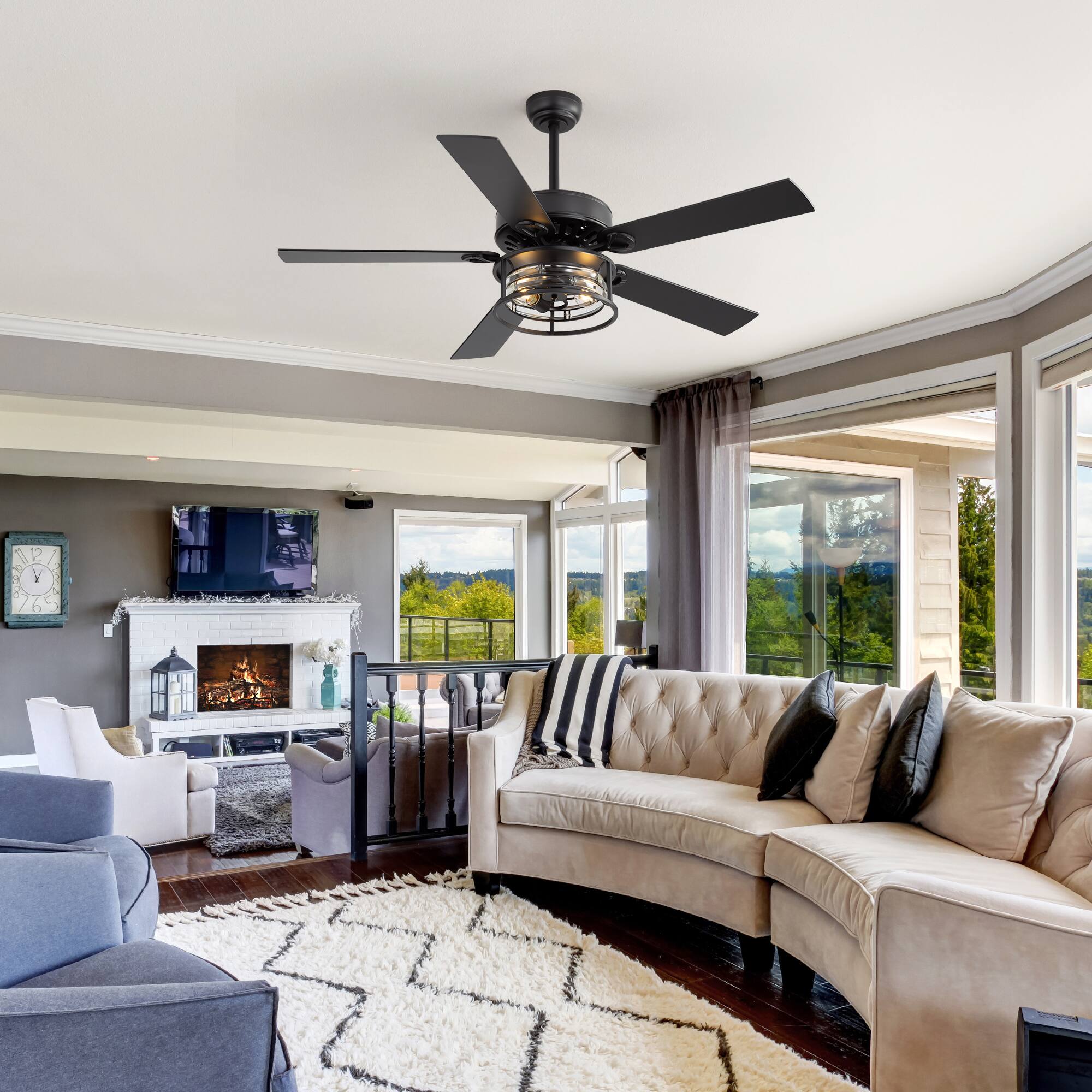 Back. Breezary - 52 Inch Ceiling Fan with 5 Plywood Blades, Dual-Color Reversible Blades, E26 Bulb Base,Remote, 5&10 Inch Downrods - matte black and walnut.