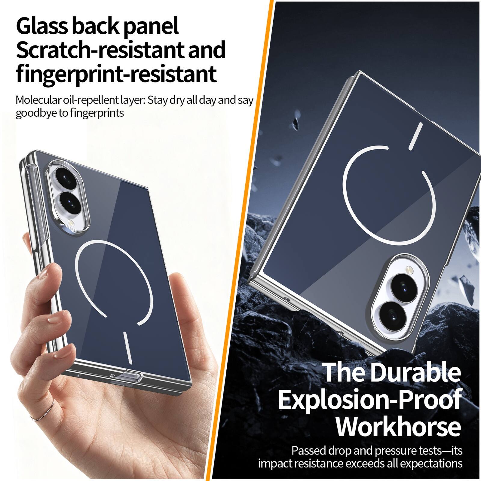 Glass back panel Scratch-resistant and fingerprint-resistant  
Molecular oil-repellent layer: Stay dry all day and say goodbye to fingerprints  

The Durable Explosion-Proof Workhorse  
Passed drop and pressure tests—its impact resistance exceeds all expectations