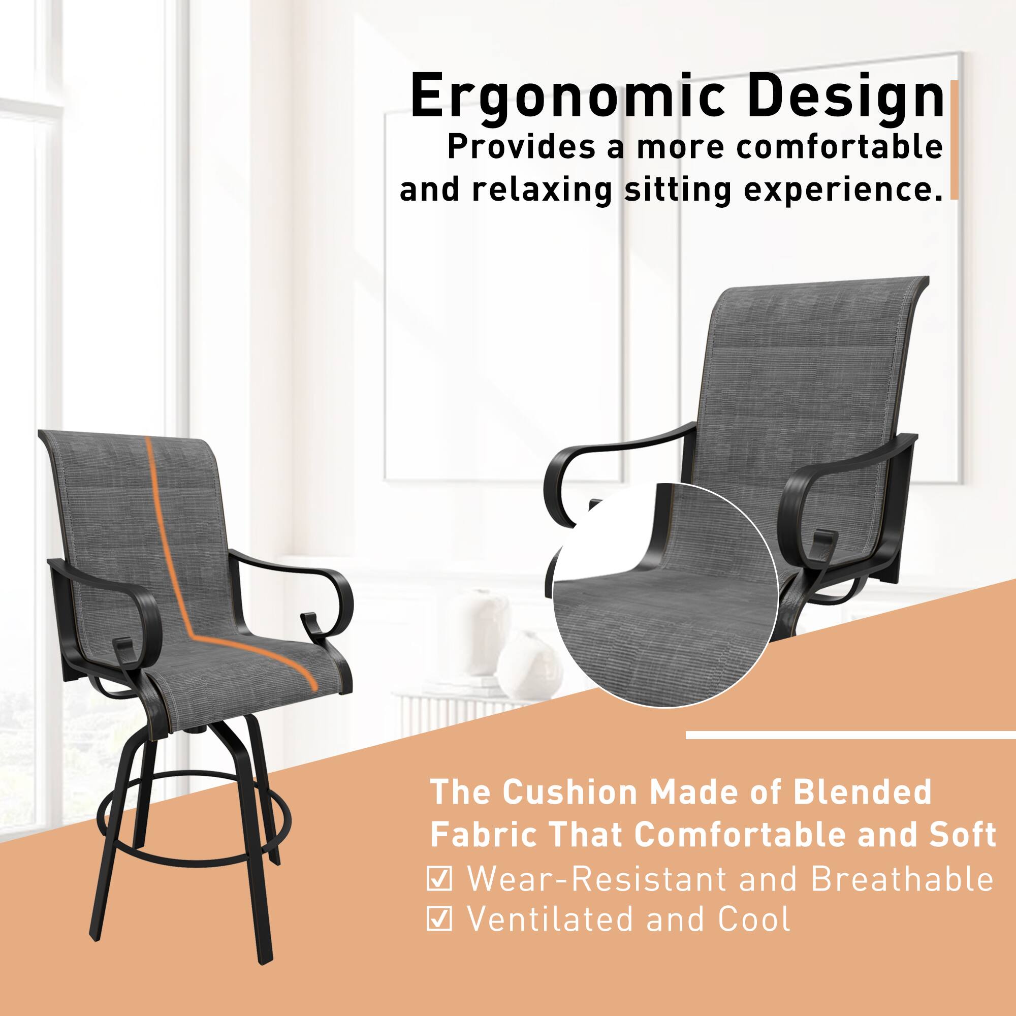 Ergonomic Design  
Provides a more comfortable and relaxing sitting experience.

The Cushion Made of Blended Fabric That Comfortable and Soft  
Wear-Resistant and Breathable  
Ventilated and Cool