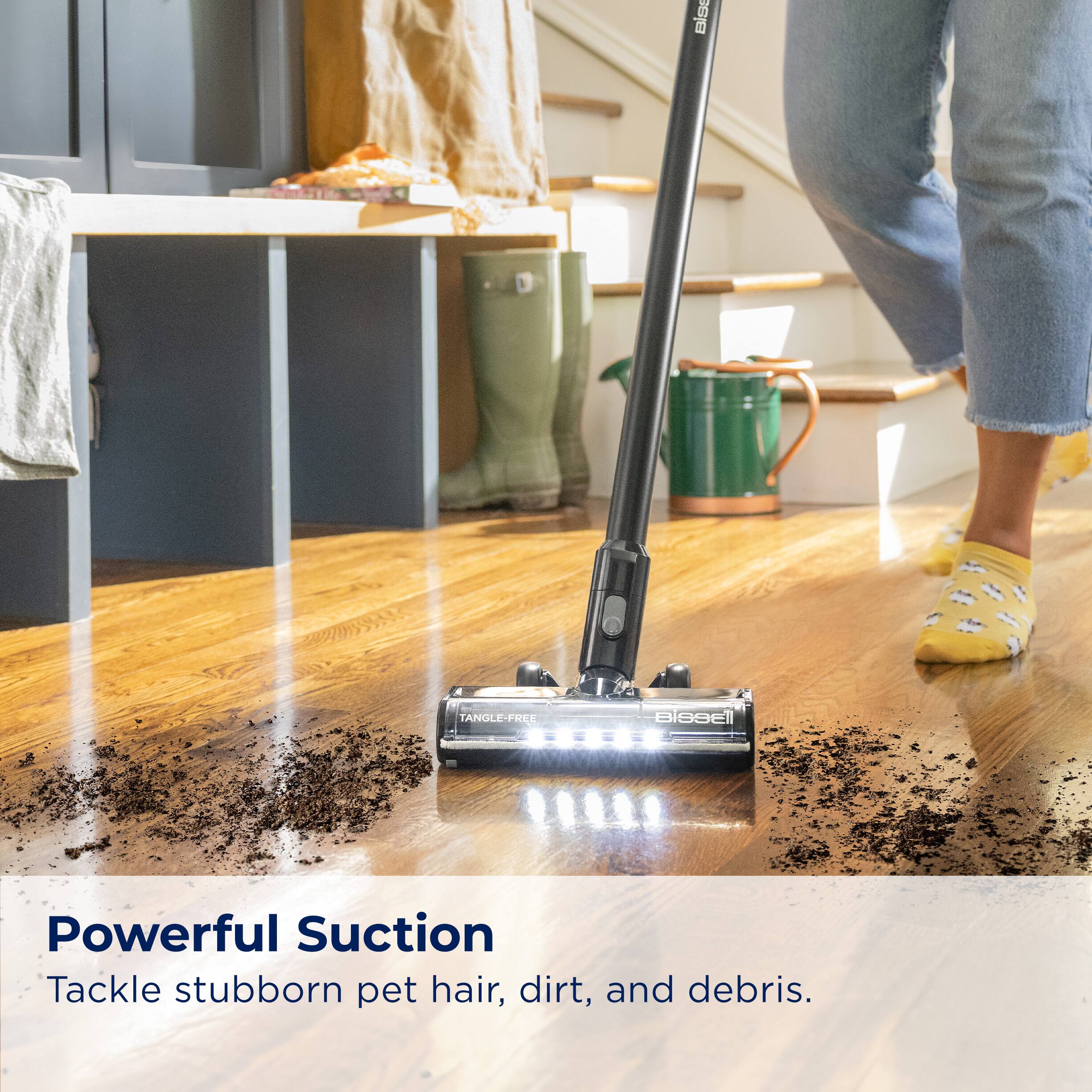 DiS Tangle-Free Bissell Powerful Suction Tackle stubborn pet hair, dirt, and debris.