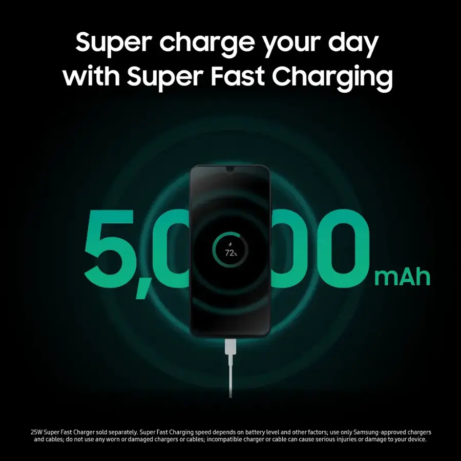 Supercharge your day with Super Fast Charging. 50,000 mAh 25W Super Fast Charger sold separately. Super Fast Charging speed depends on battery level and other factors; use only Samsung-approved chargers and cables; do not use any worn or damaged chargers or cables; incompatible charger or cable can cause serious injuries or damage to your device.