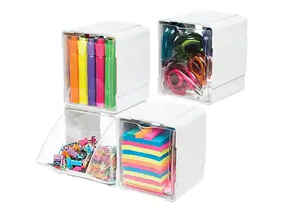 Front. Deflecto - Interlocking Tilt Bin Compartment Plastic Storage/Clear, 4/Pack - White/Clear.