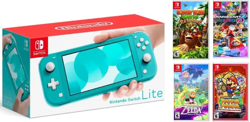 Switch Lite Turquiose Kids Bundle With Donkey Kong, Zelda, Mario Kart, & Paper Mario - Nintendo Switch