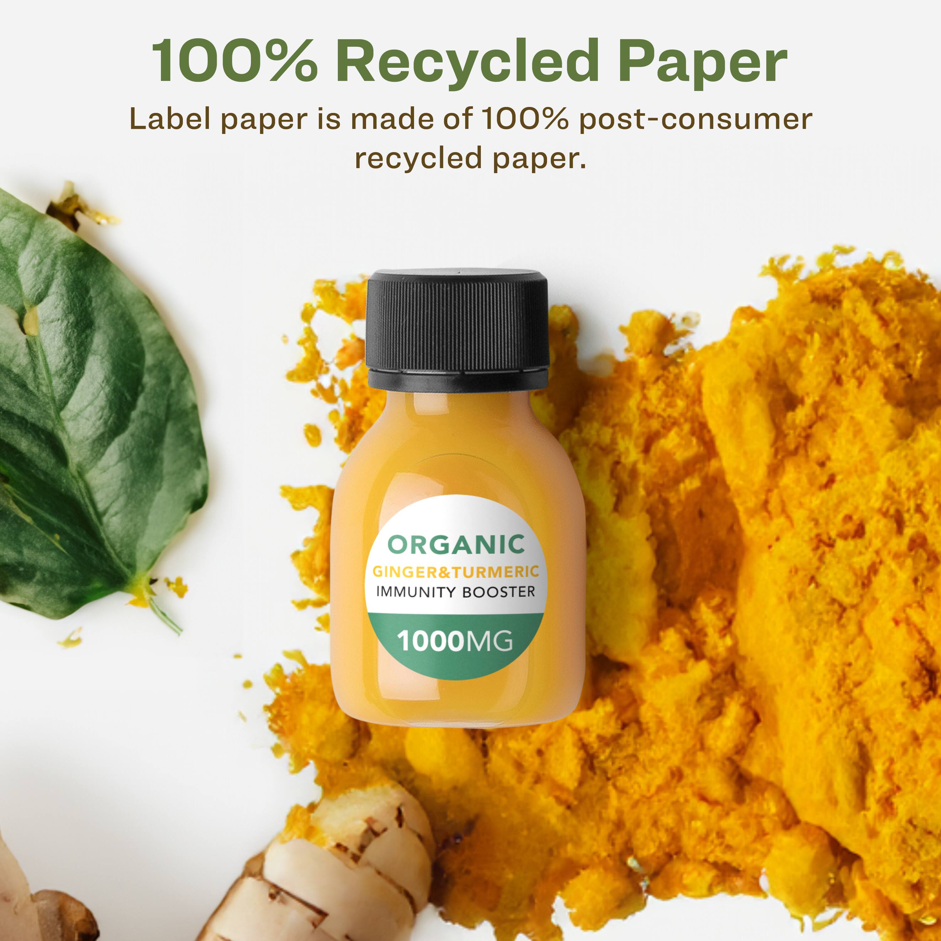 100% Recycled Paper  
Label paper is made of 100% post-consumer recycled paper.  

ORGANIC GINGER & TURMERIC IMMUNITY BOOSTER 1000MG