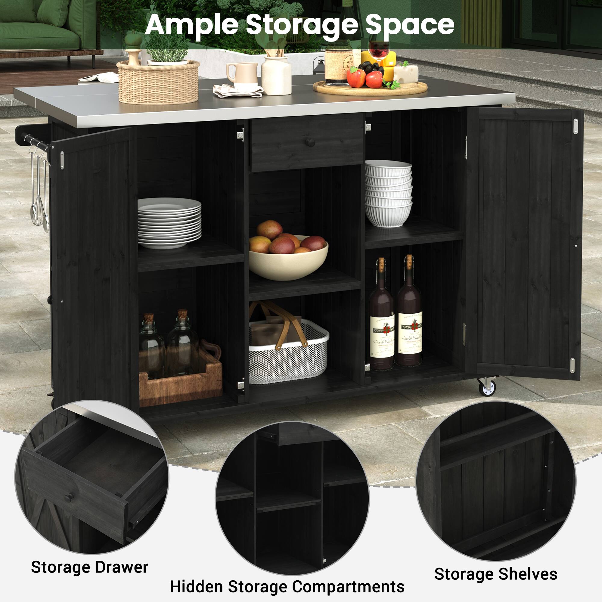 Ample Storage Space  
- Storage Drawer  
- Storage Shelves  
- Hidden Storage Compartments