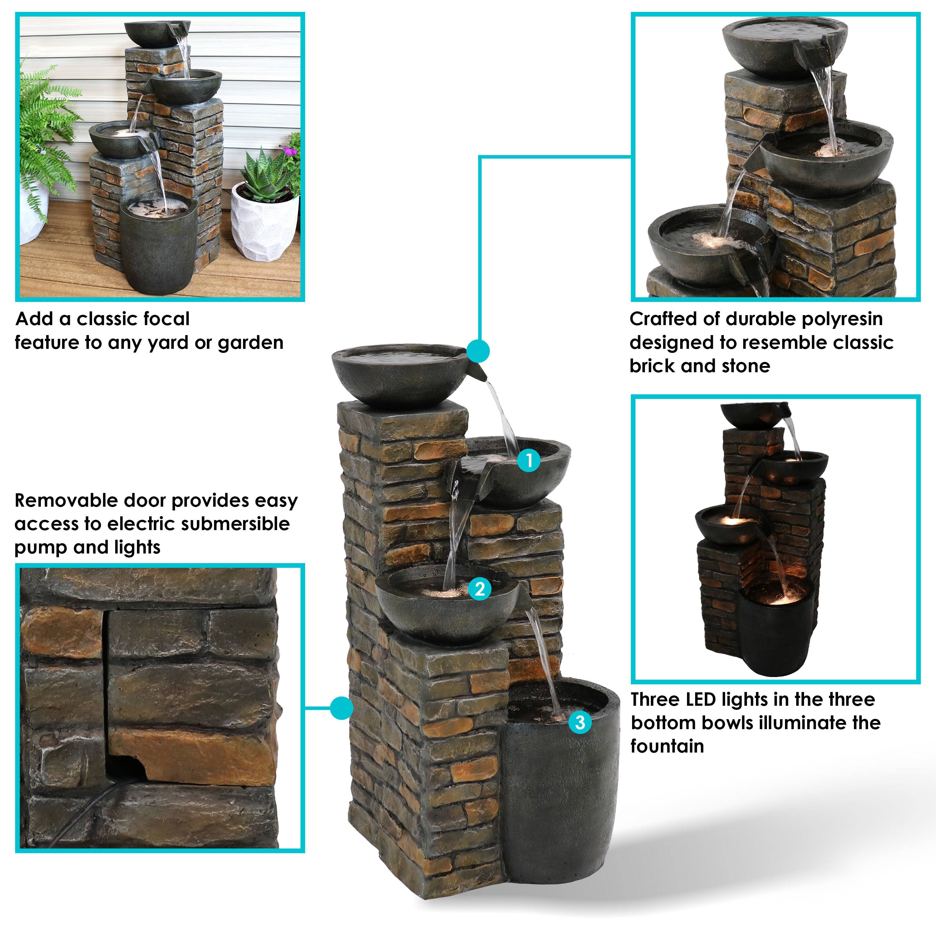Add a classic focal feature to any yard or garden

Crafted of durable polyresin designed to resemble classic brick and stone

1. Removable door provides easy access to electric submersible pump and lights

2. Three LED lights in the three bottom bowls illuminate the fountain