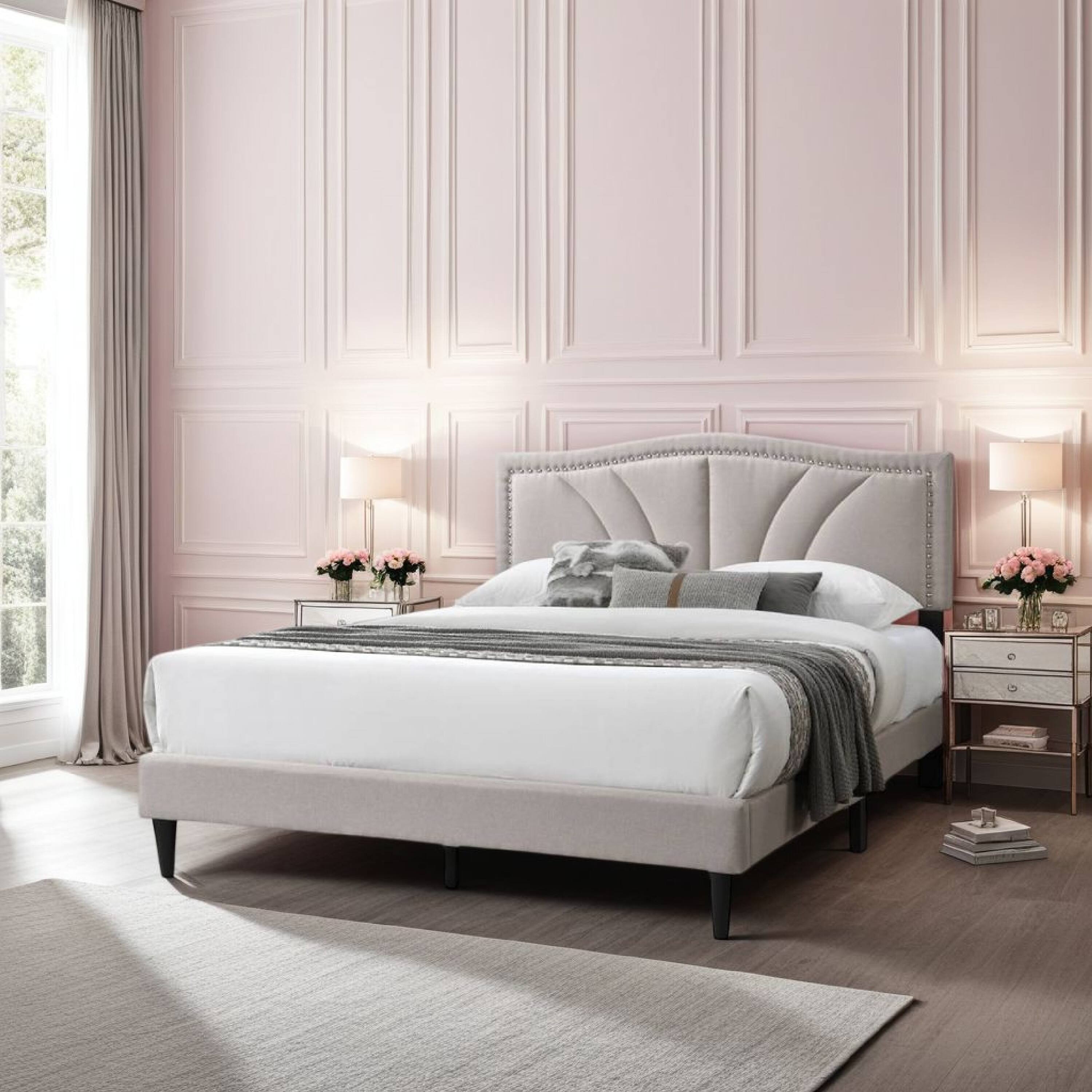 Alt View 5. Manhattan Lane - Reo Queen Size Bed, Light Brown Burlap Upholstered Curved Headboard - Light Brown, Black.