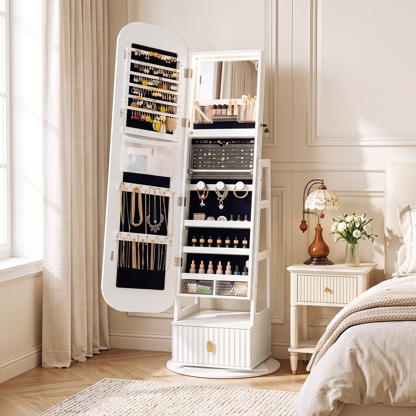 Alt View 3. Costway - Costway 360° Swivel Jewelry Cabinet with Full-Length Mirror & Dual Hooks, Storage Shelves.