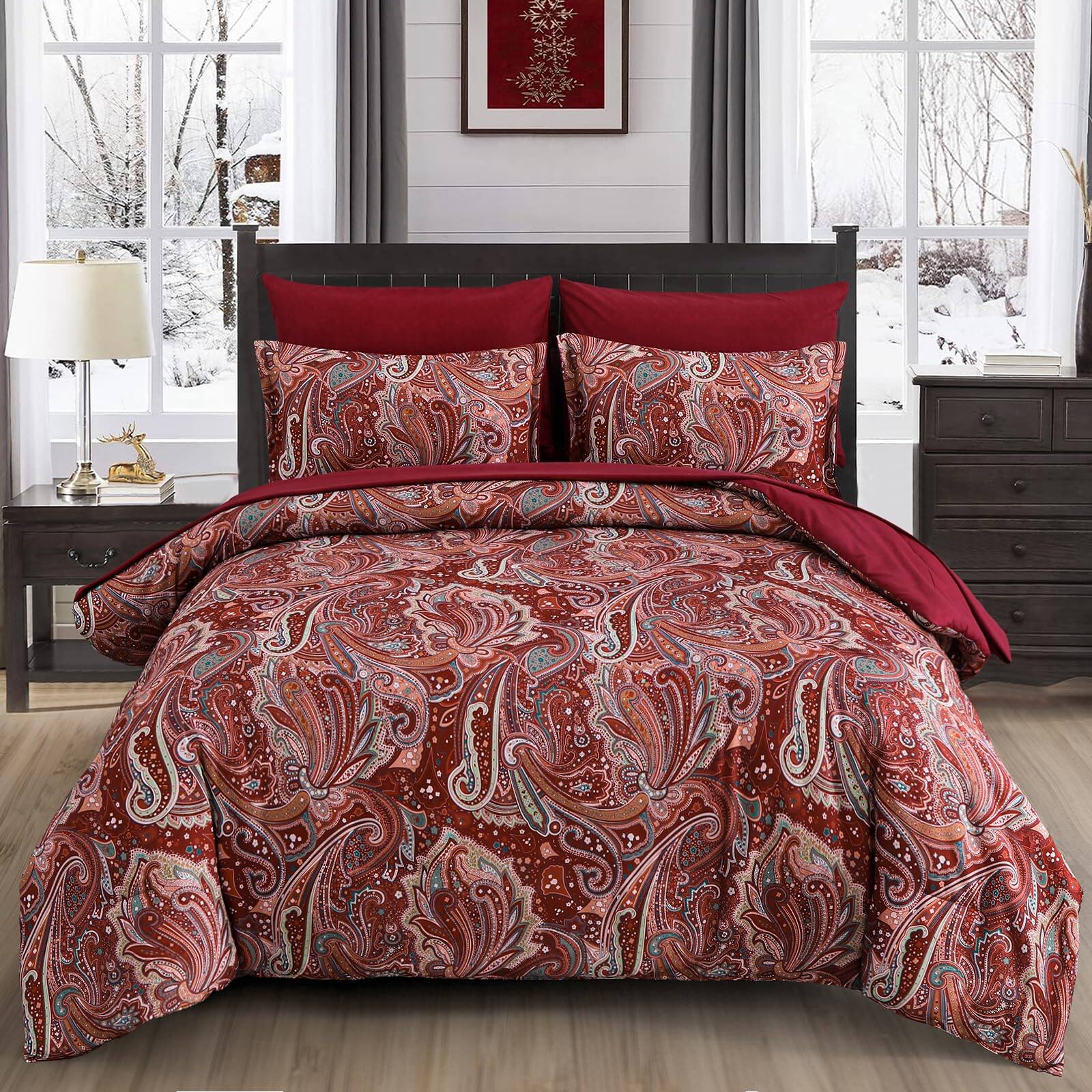 Comfort Essence - Paisley Comforter Set 7 Piece Bed In A Bag Boho Pattern Soft Lightweight Microfiber Reversible Bedding For - Red-Queen