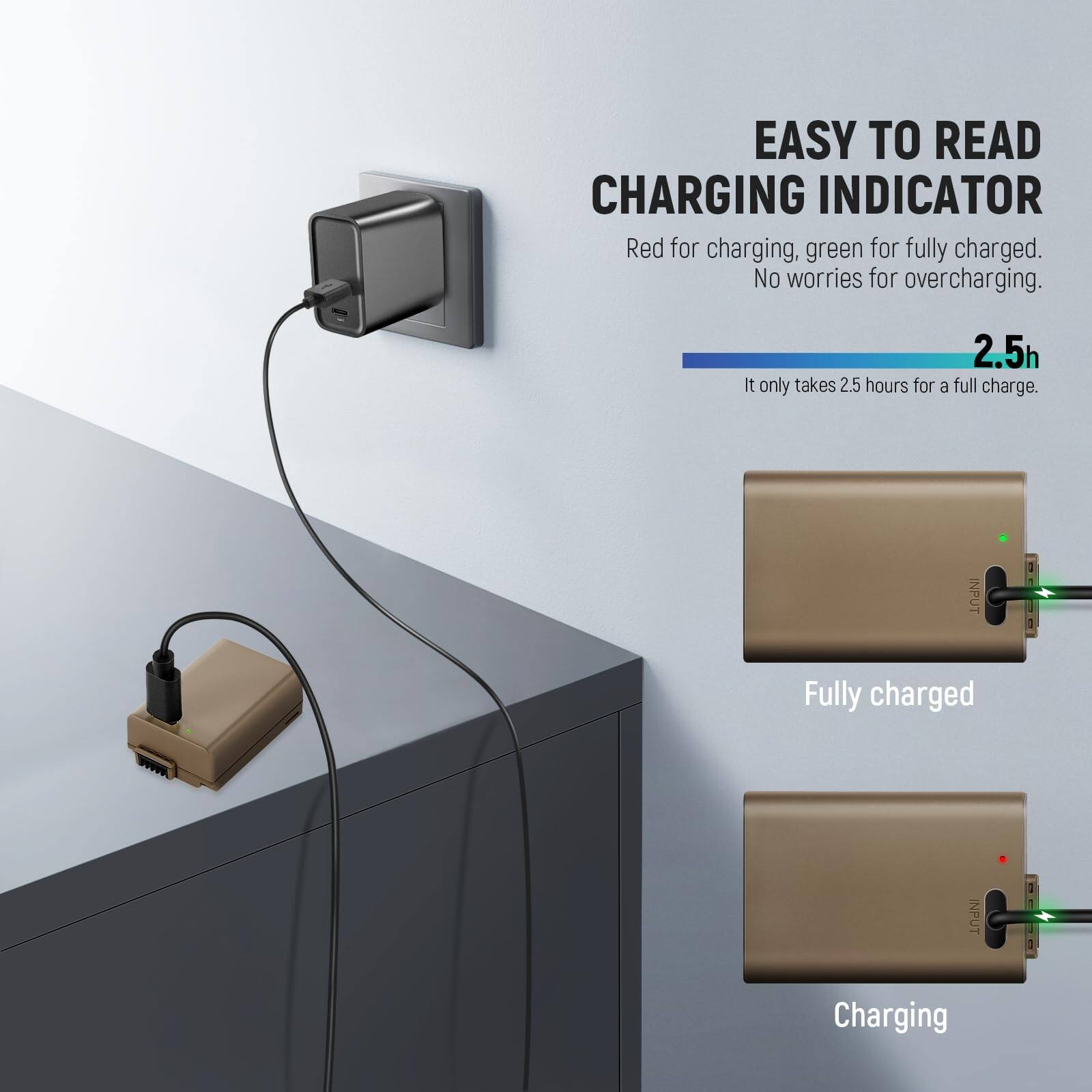 EASY TO READ CHARGING INDICATOR  
Red for charging, green for fully charged. No worries for overcharging.  
2.5h  
It only takes 2.5 hours for a full charge.  

Fully charged  
Charging