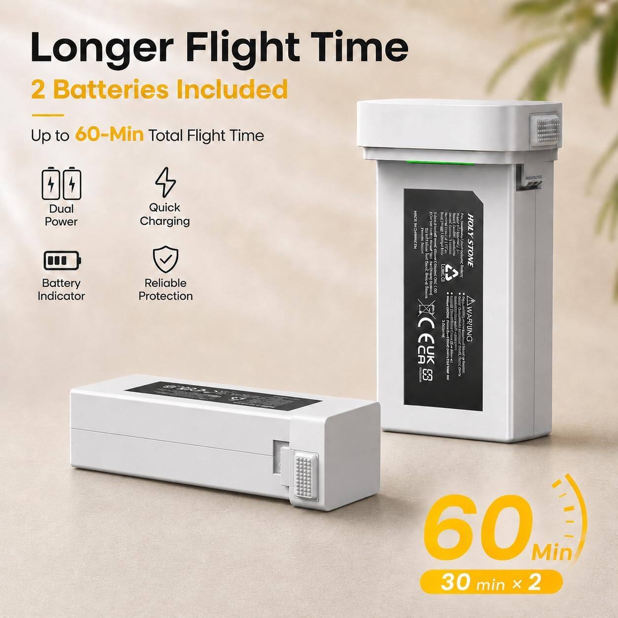 Longer Flight Time  
2 Batteries Included  
Up to 60-Min Total Flight Time  
Dual Power Battery Indicator  
Quick Charging Reliable Protection  
EUK SS  
LEMES.CO  
HOL Y Y STONE AWARUNG  
60 Min 30 min X 2